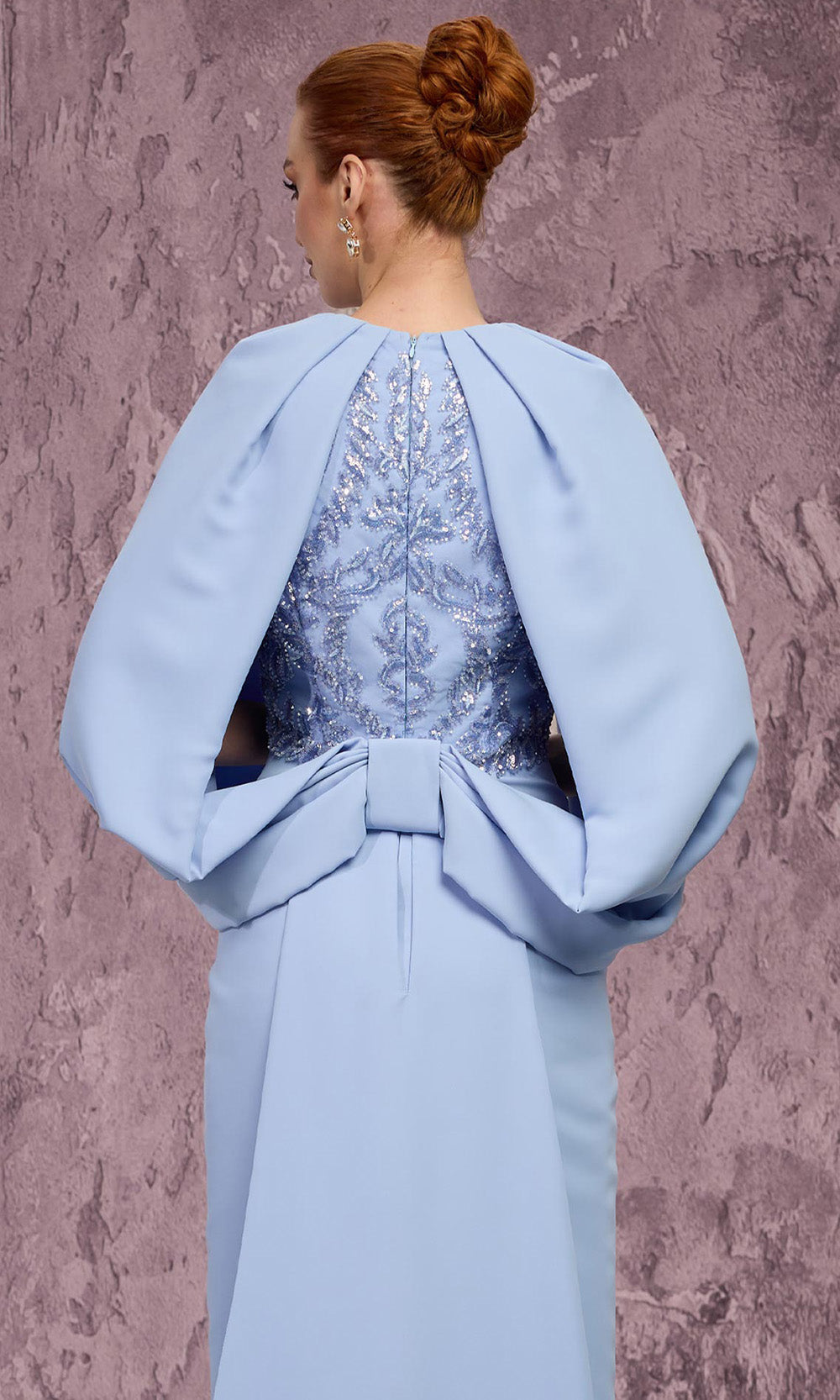 MNM COUTURE Q7615 - Jewel Neck Crepe Gown with Bow Train Mother of the Bride Dresses in Blue 