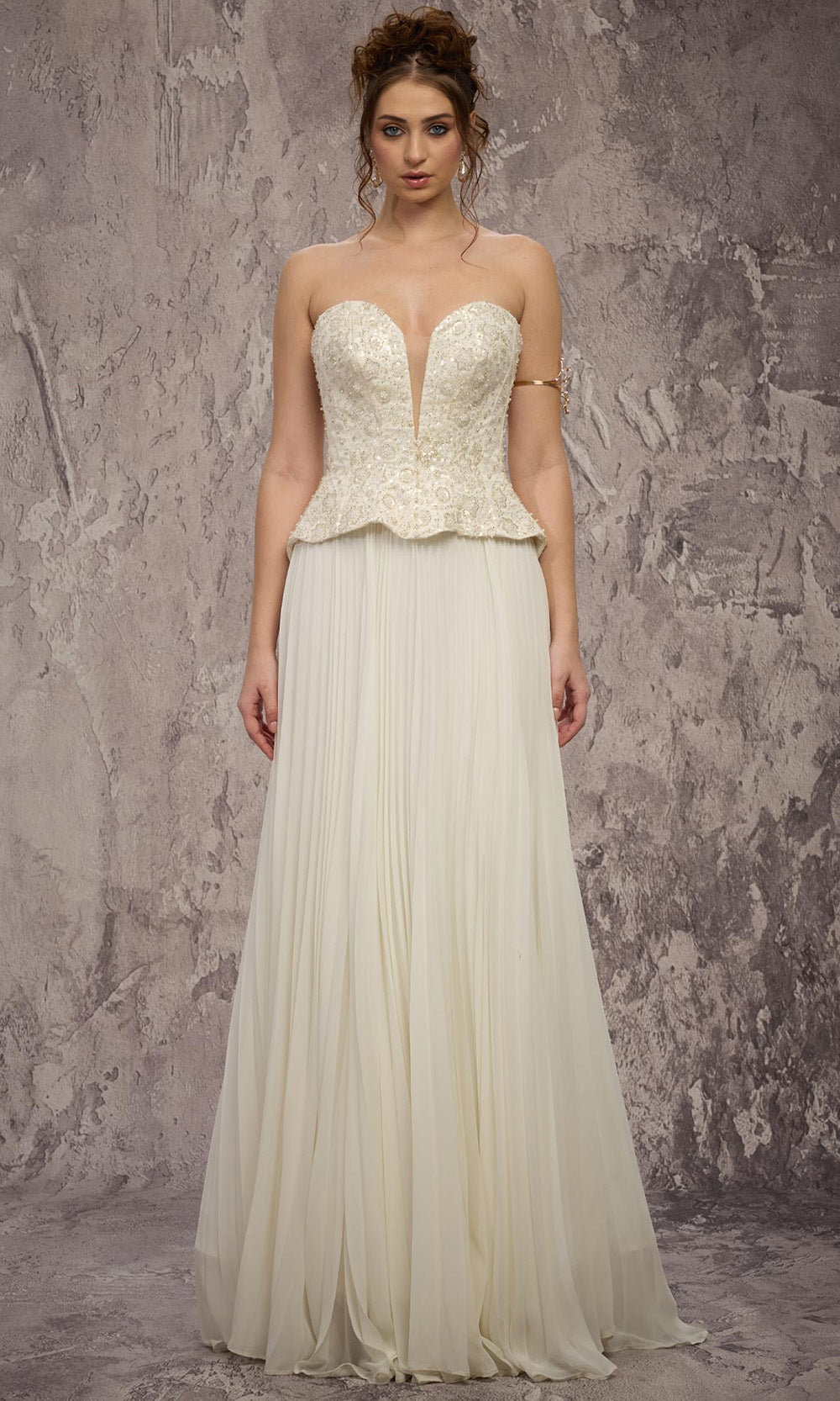 MNM COUTURE Q7715 - Beaded Peplum Strapless Evening Gown Bridal Dresses in White 