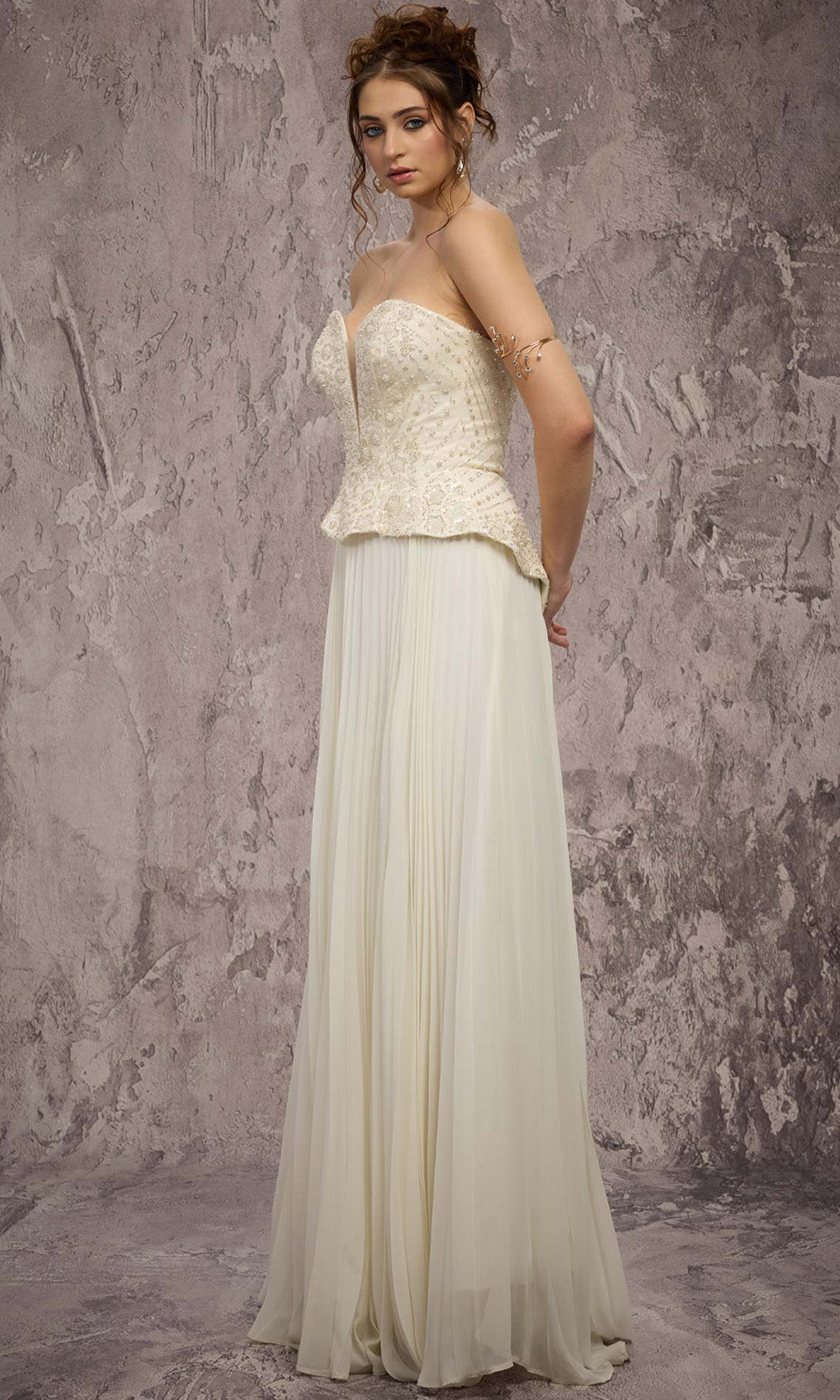 MNM COUTURE Q7715 - Beaded Peplum Strapless Evening Gown Bridal Dresses in White 
