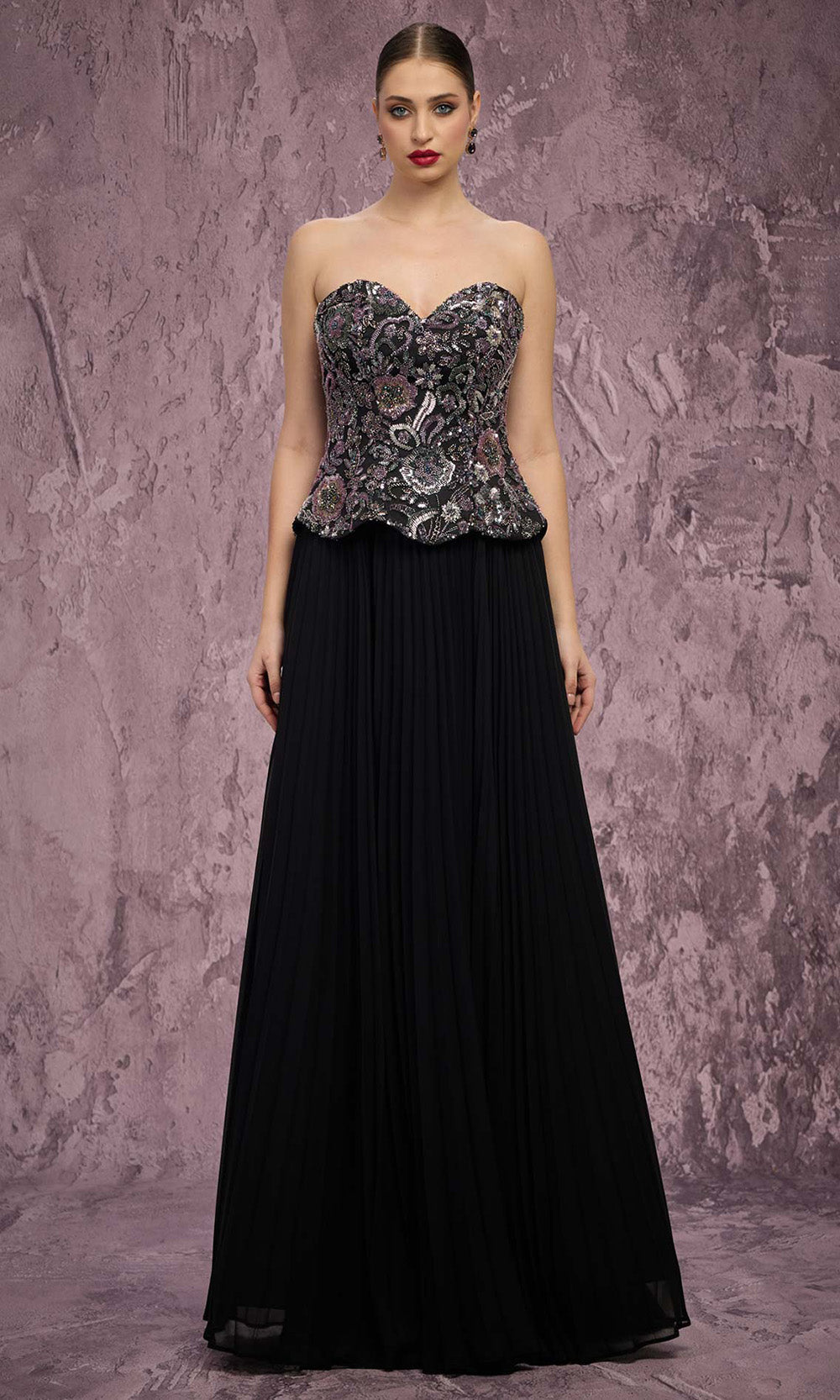 MNM COUTURE Q7778 - Pleated Skirt Sweetheart Long Dress Prom Dresses in Black 