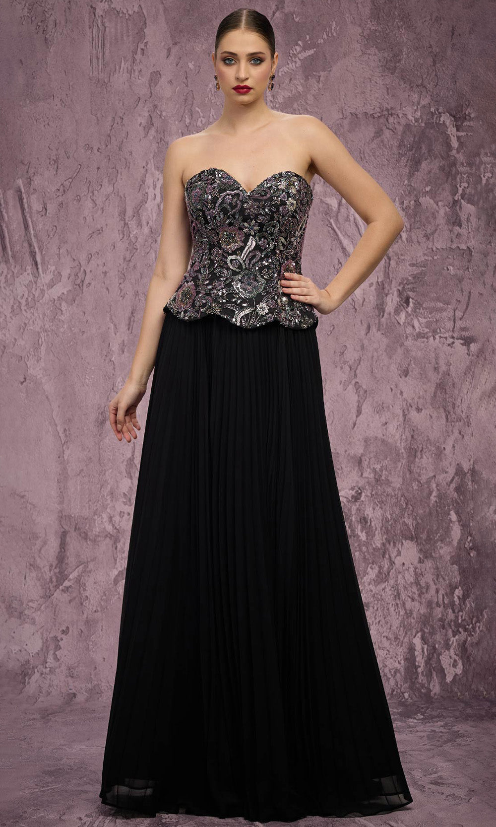 MNM COUTURE Q7778 - Pleated Skirt Sweetheart Long Dress Prom Dresses in Black 