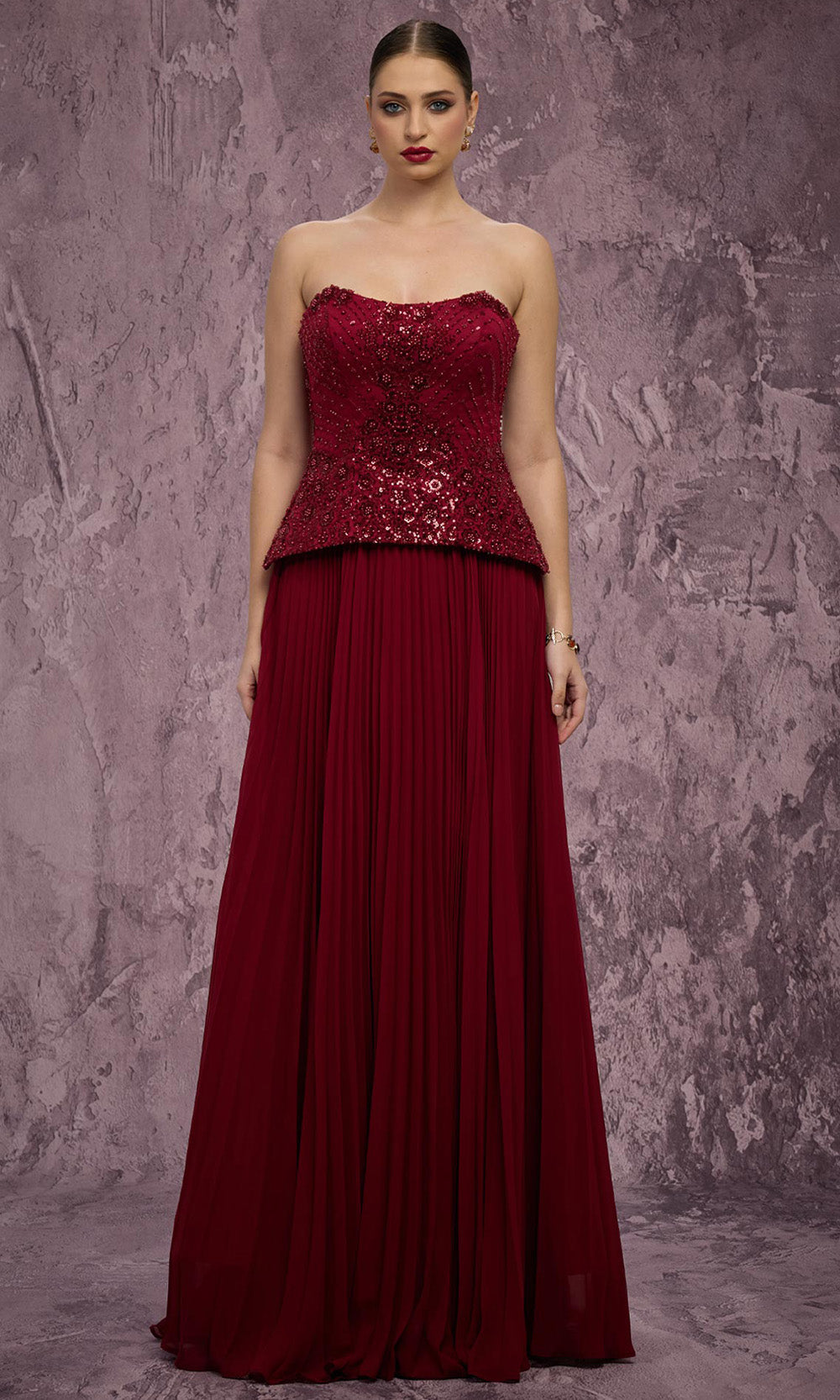 MNM COUTURE Q7788 - Semi-Sweetheart Embellished Peplum Long Dress Prom Dresses in Burgundy 