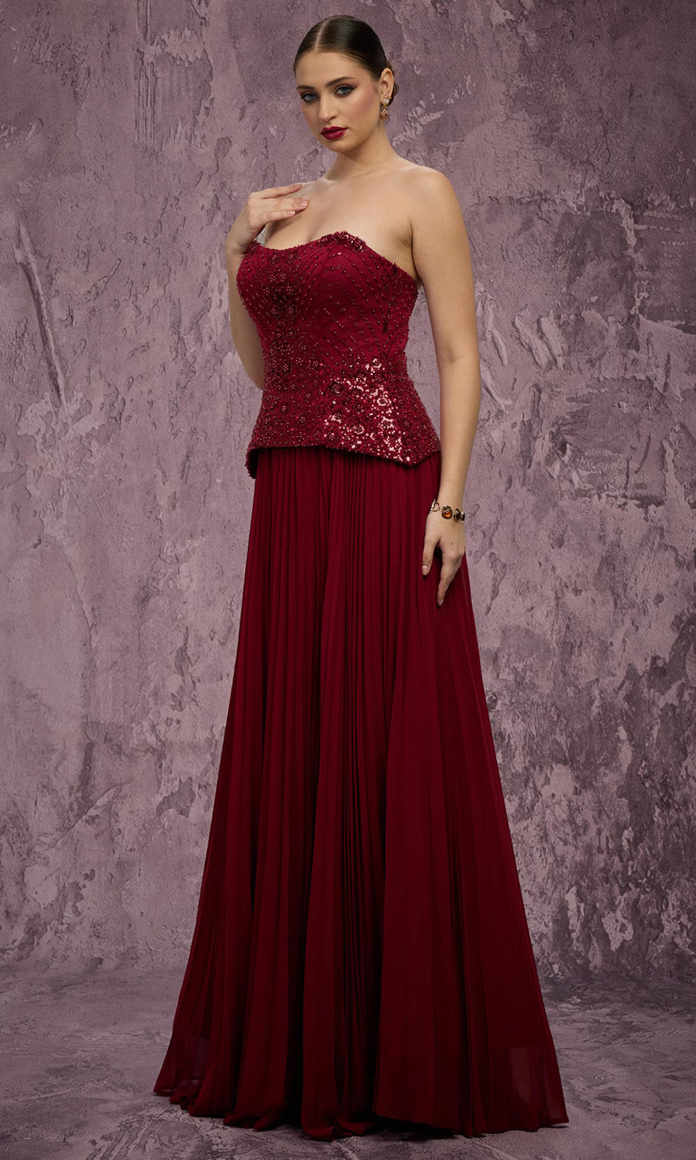 MNM COUTURE Q7788 - Semi-Sweetheart Embellished Peplum Long Dress Prom Dresses in Burgundy 