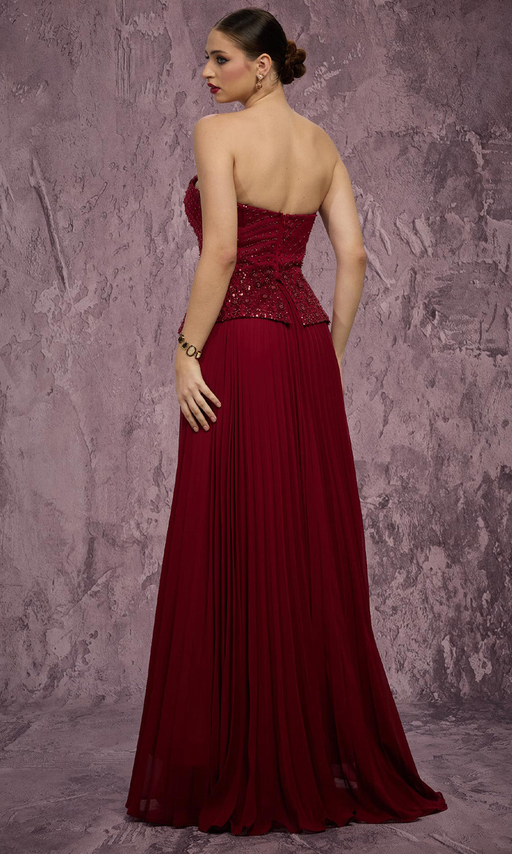 MNM COUTURE Q7788 - Semi-Sweetheart Embellished Peplum Long Dress Prom Dresses in Burgundy 