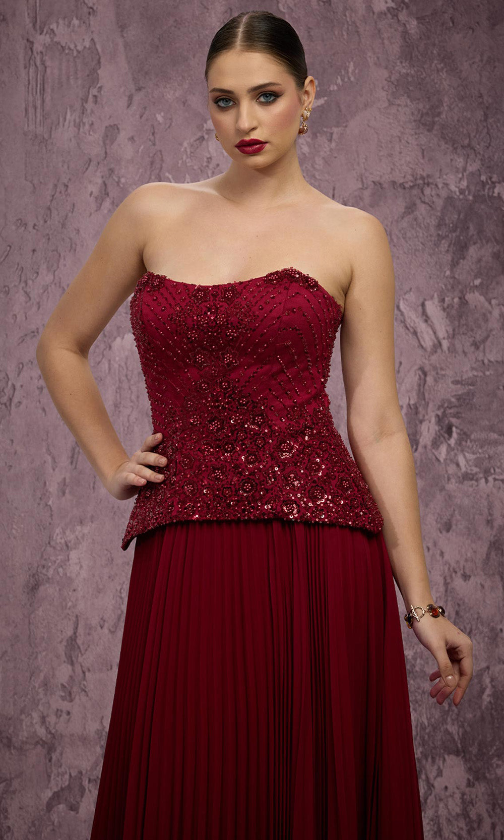 MNM COUTURE Q7788 - Semi-Sweetheart Embellished Peplum Long Dress Prom Dresses in Burgundy 