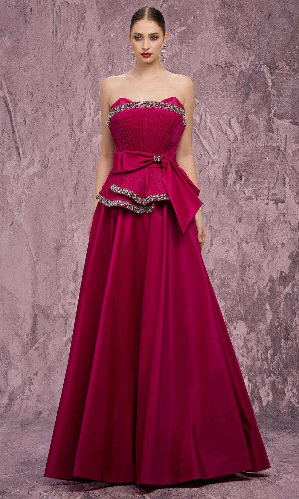 MNM COUTURE Q8017 - Crystal Trim Pleated Strapless Evening Gown Prom Dresses in Pink 
