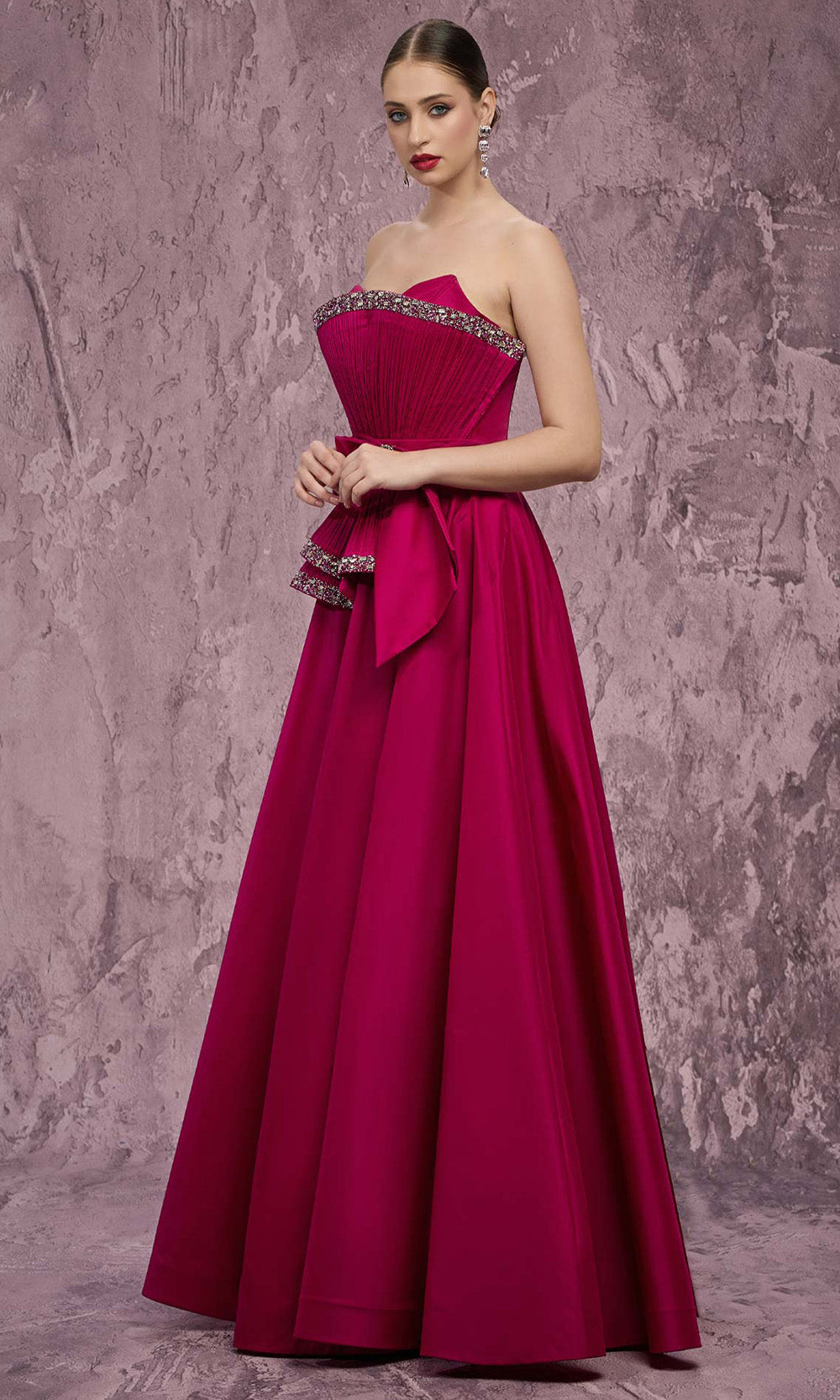 MNM COUTURE Q8017 - Crystal Trim Pleated Strapless Evening Gown Prom Dresses in Pink 