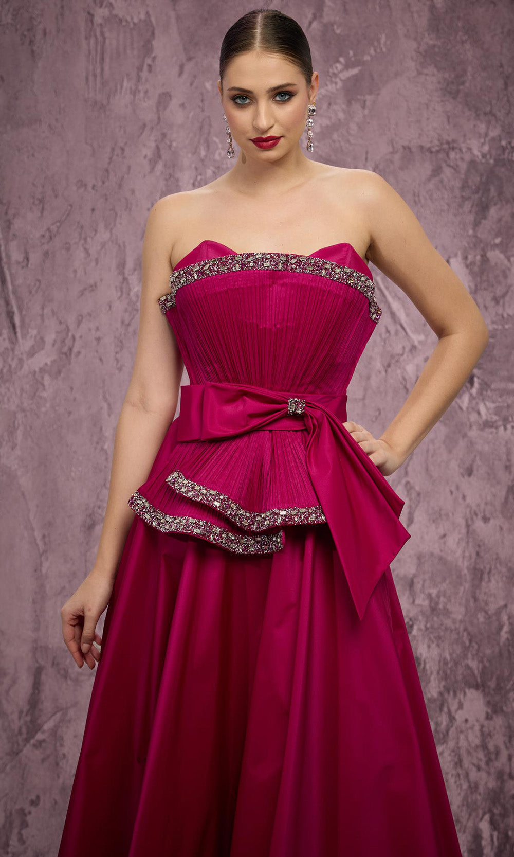 MNM COUTURE Q8017 - Crystal Trim Pleated Strapless Evening Gown Prom Dresses in Pink 
