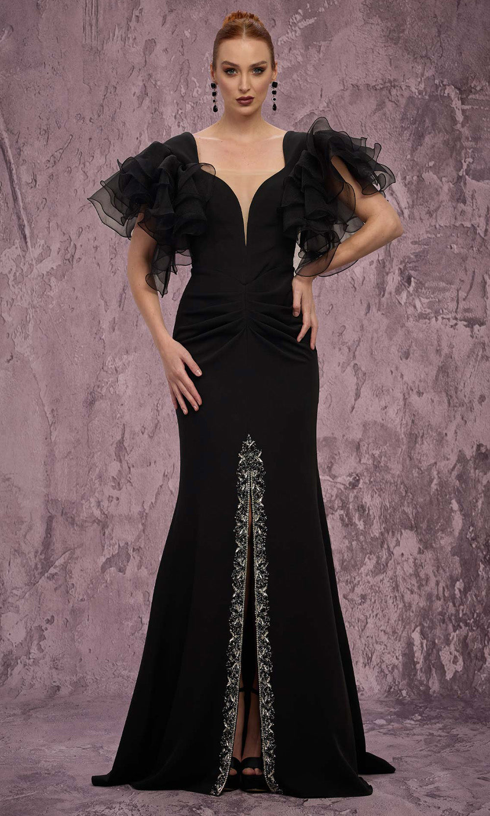 MNM COUTURE Q8022 - Crystal Embellished Front Slit V-Neck Dress Mother of the Bride Dresses in Black 
