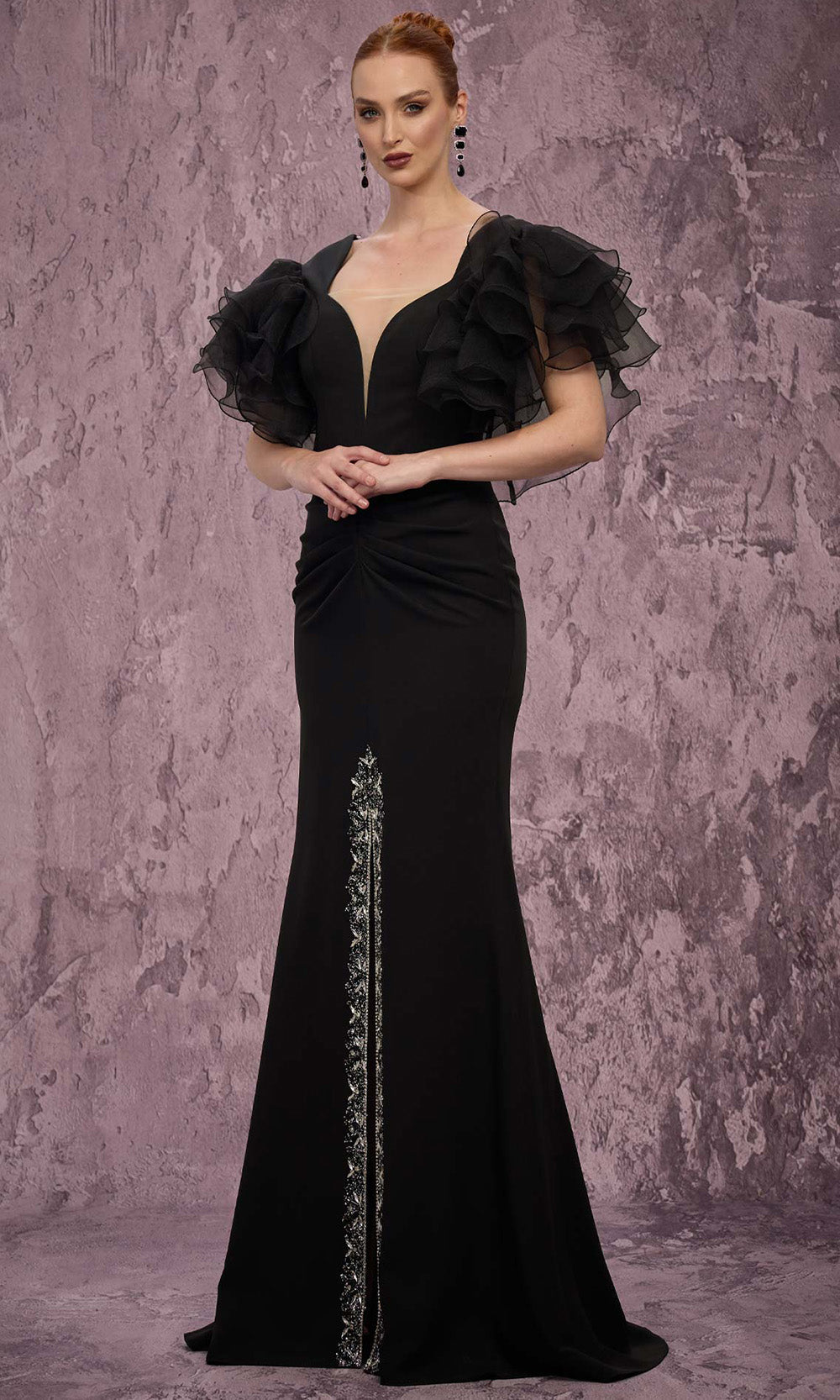 MNM COUTURE Q8022 - Crystal Embellished Front Slit V-Neck Dress Mother of the Bride Dresses in Black 