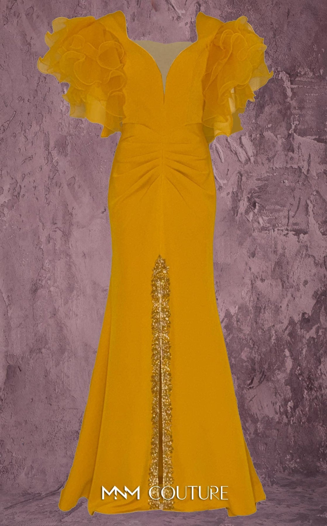 MNM COUTURE Q8022 - Crystal Embellished Front Slit V-Neck Dress Mother of the Bride Dresses