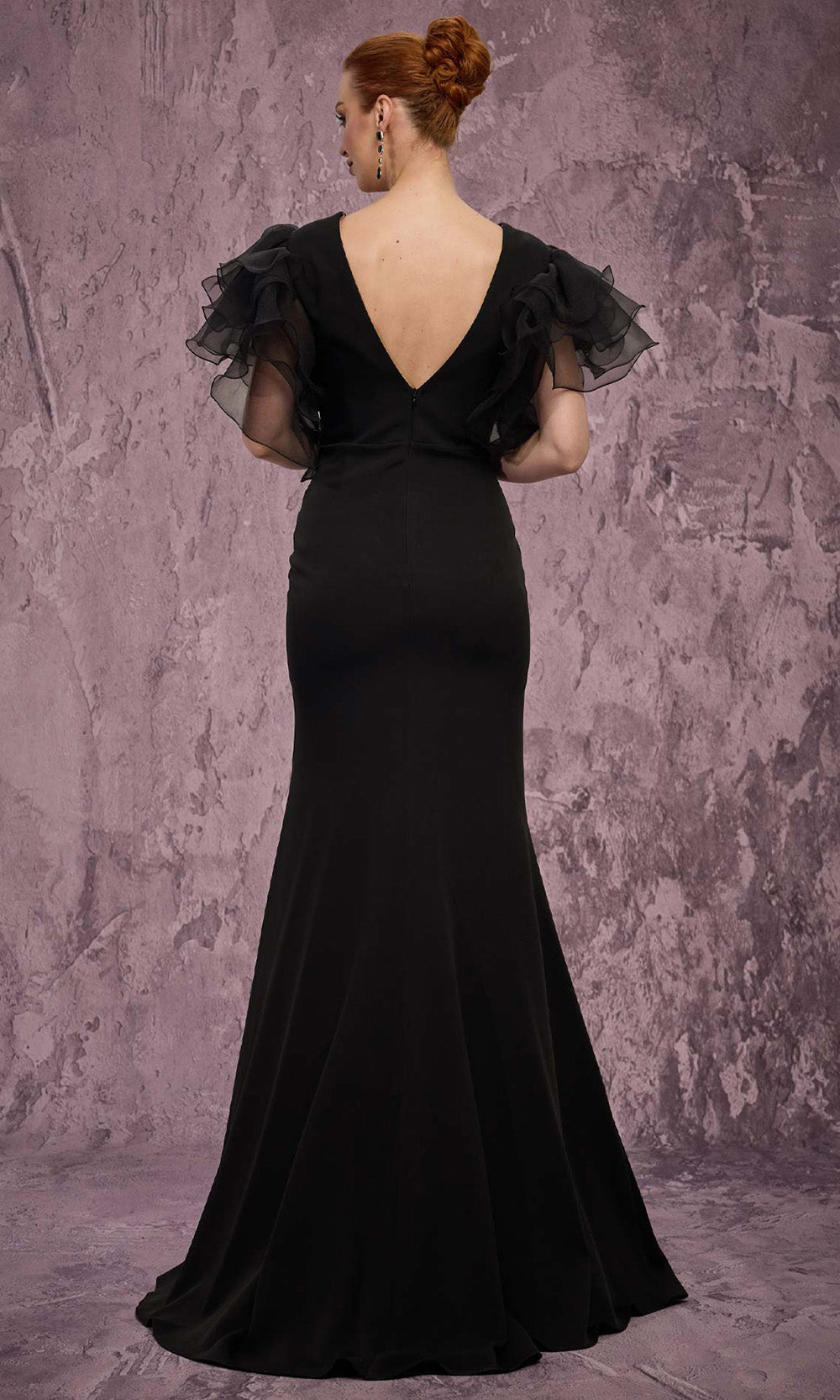 MNM COUTURE Q8022 - Crystal Embellished Front Slit V-Neck Dress Mother of the Bride Dresses in Black 