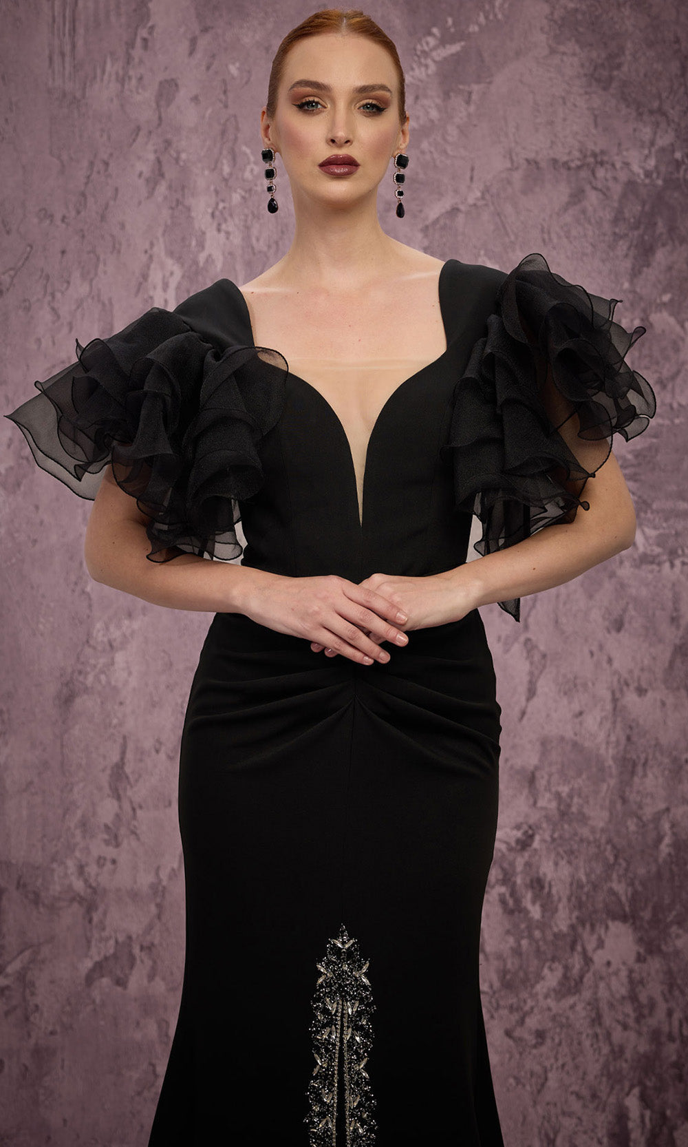 MNM COUTURE Q8022 - Crystal Embellished Front Slit V-Neck Dress Mother of the Bride Dresses in Black 