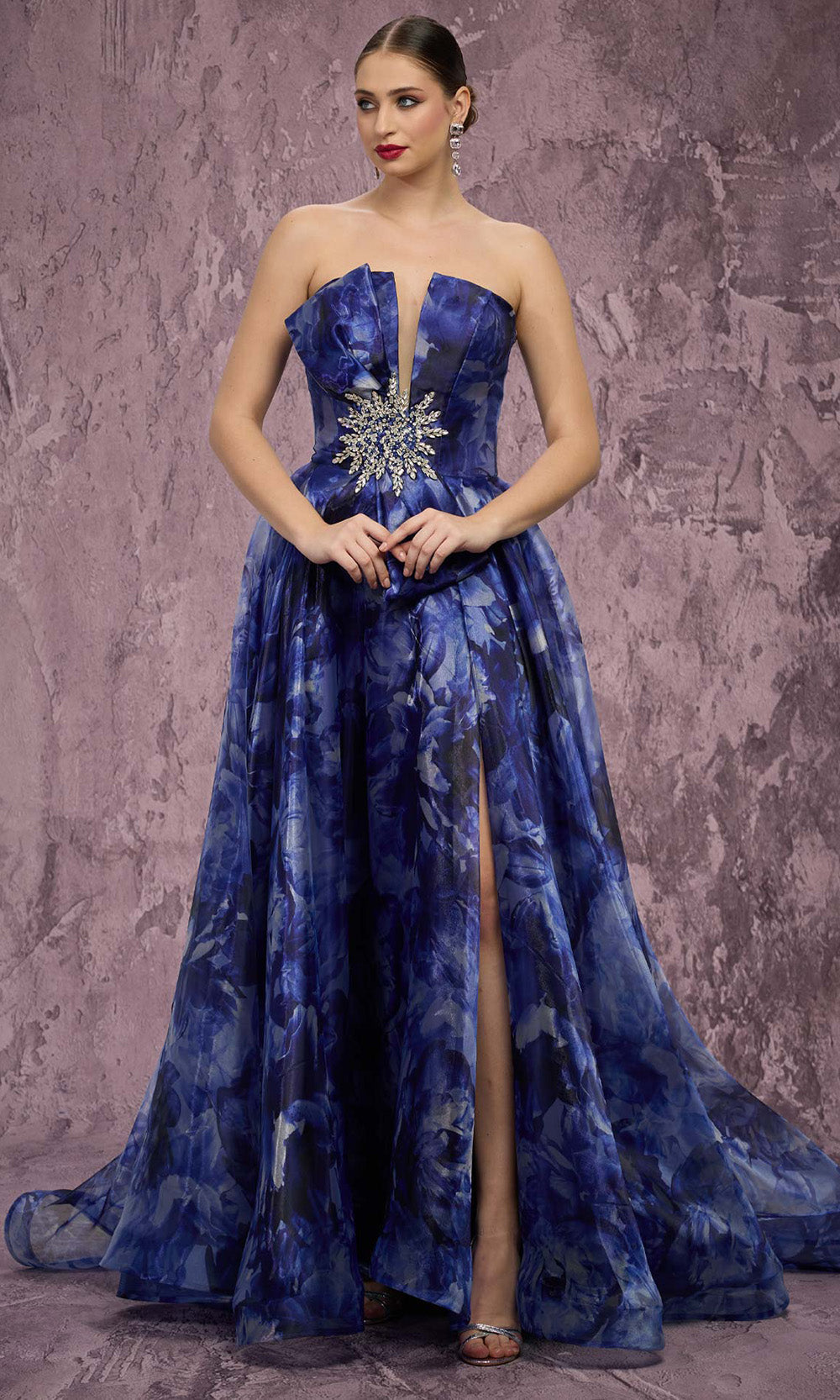 MNM COUTURE Q9060 - Strapless Printed Ballgown with Crystal Brooch Ball Gowns in Navy Blue