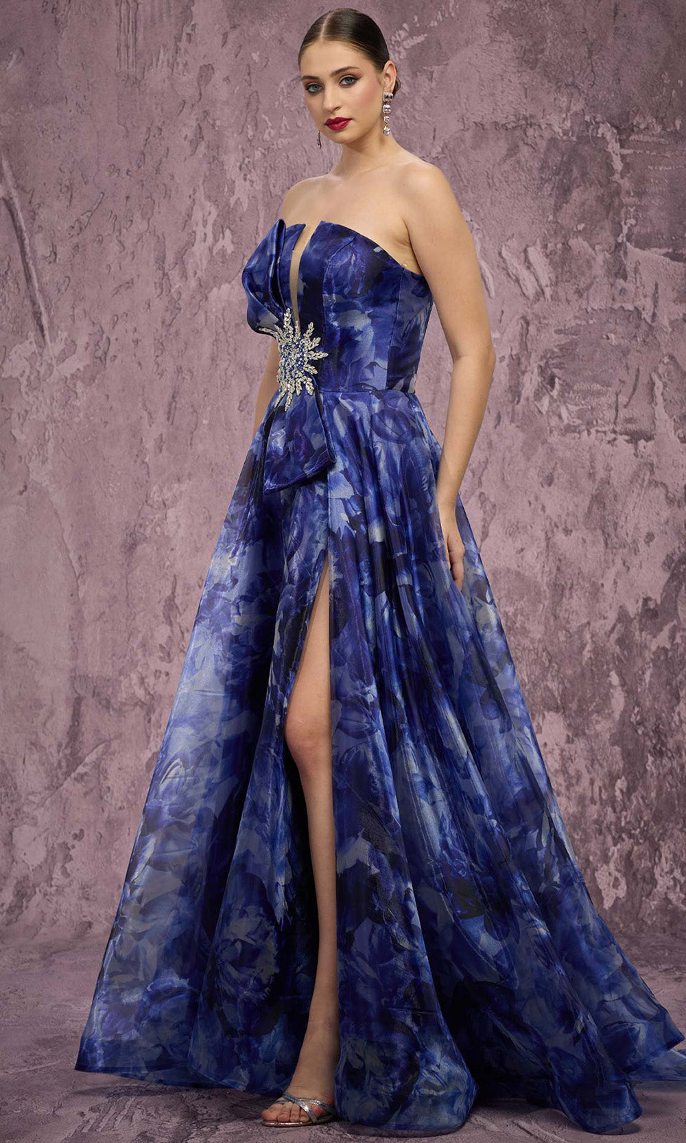 MNM COUTURE Q9060 - Strapless Printed Ballgown with Crystal Brooch Ball Gowns in Navy Blue