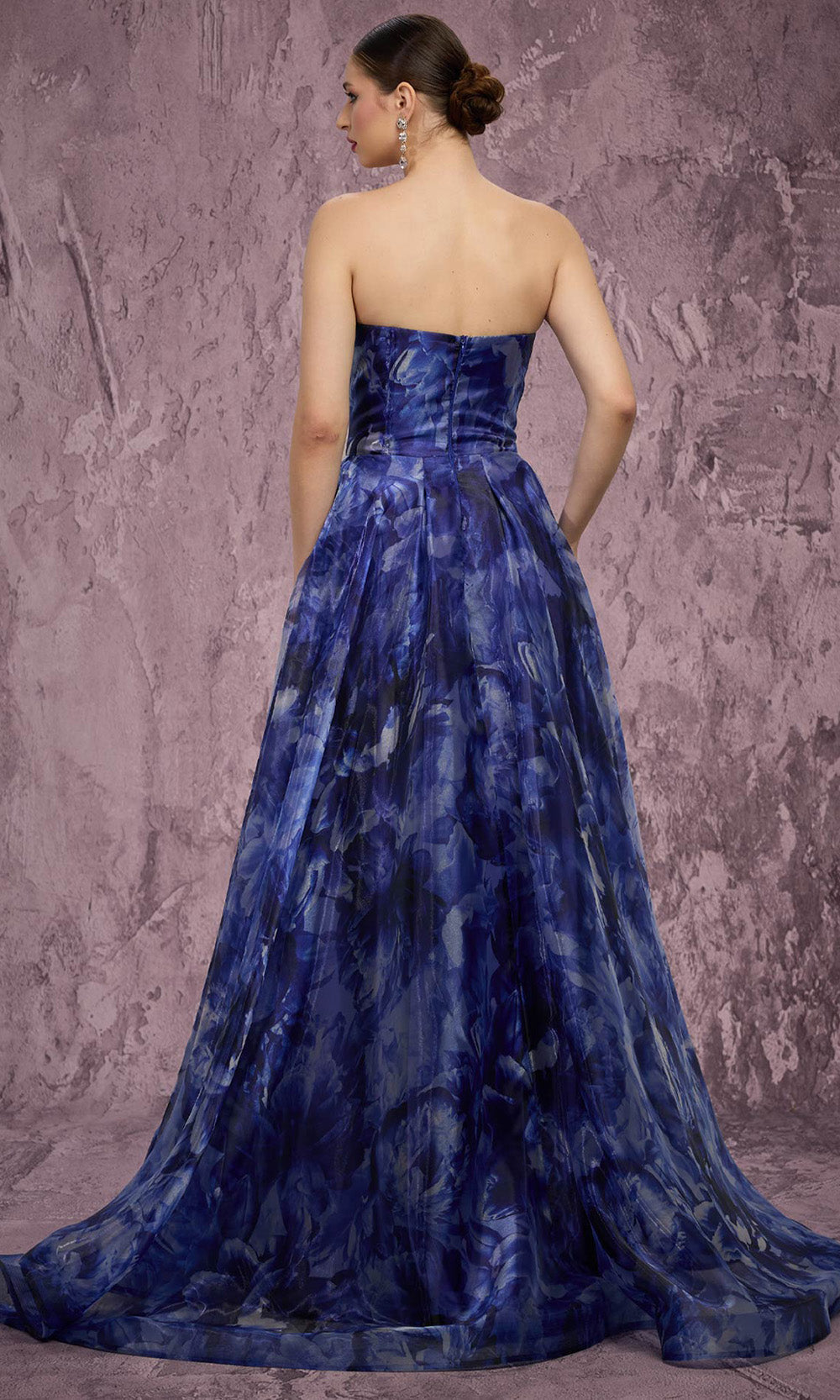 MNM COUTURE Q9060 - Strapless Printed Ballgown with Crystal Brooch Ball Gowns in Navy Blue