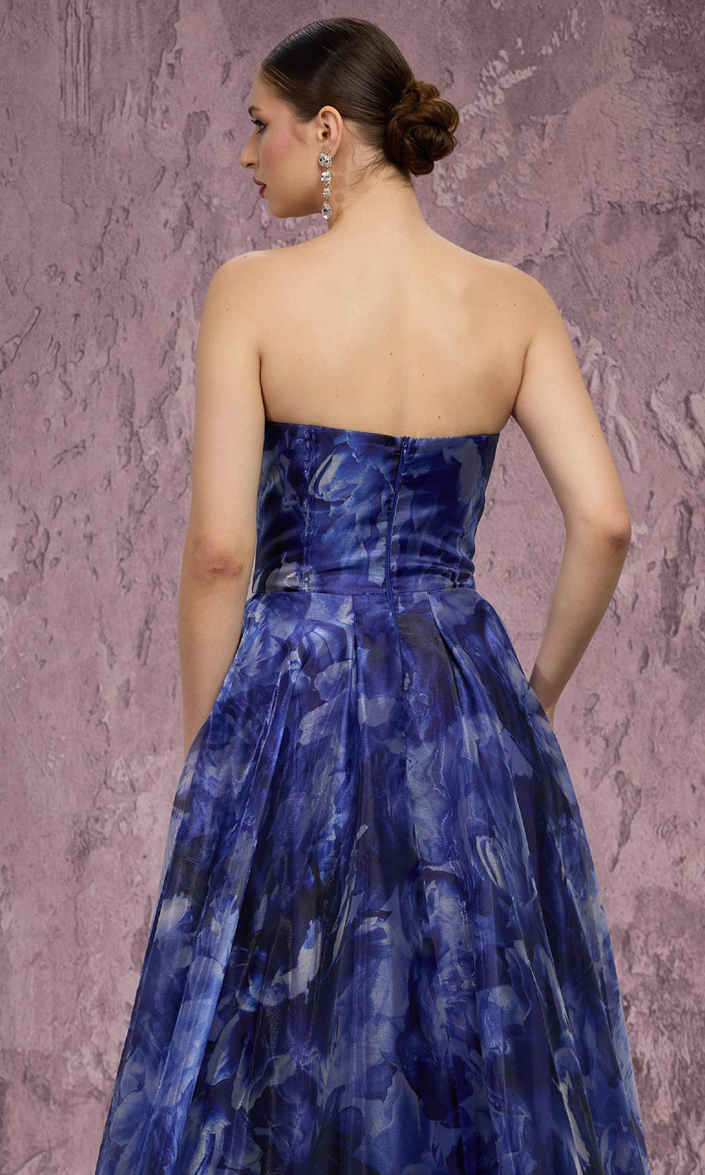 MNM COUTURE Q9060 - Strapless Printed Ballgown with Crystal Brooch Ball Gowns in Navy Blue
