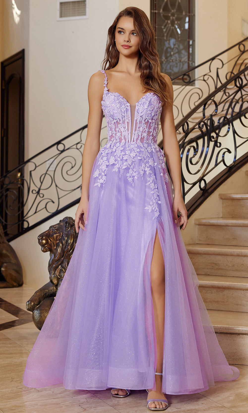 Nox Anabel R1824 - Deep V Neck Evening Gown with Slit Prom Dresses