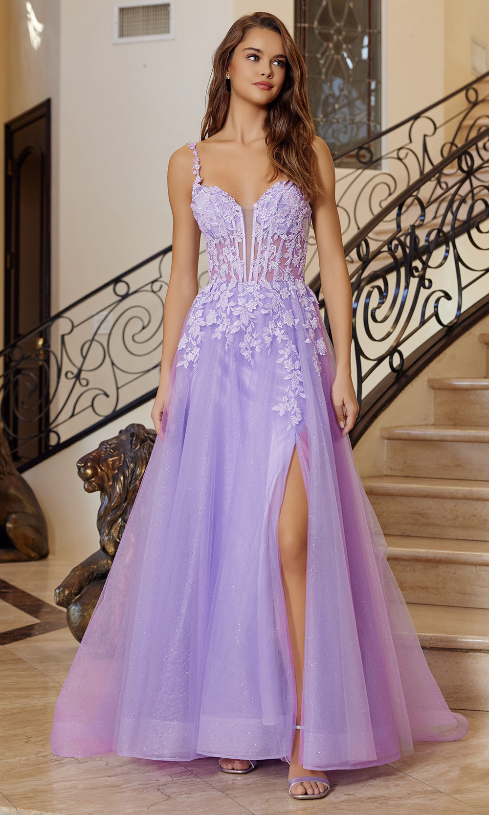 Nox Anabel R1824 - Deep V Neck Evening Gown with Slit Prom Dresses