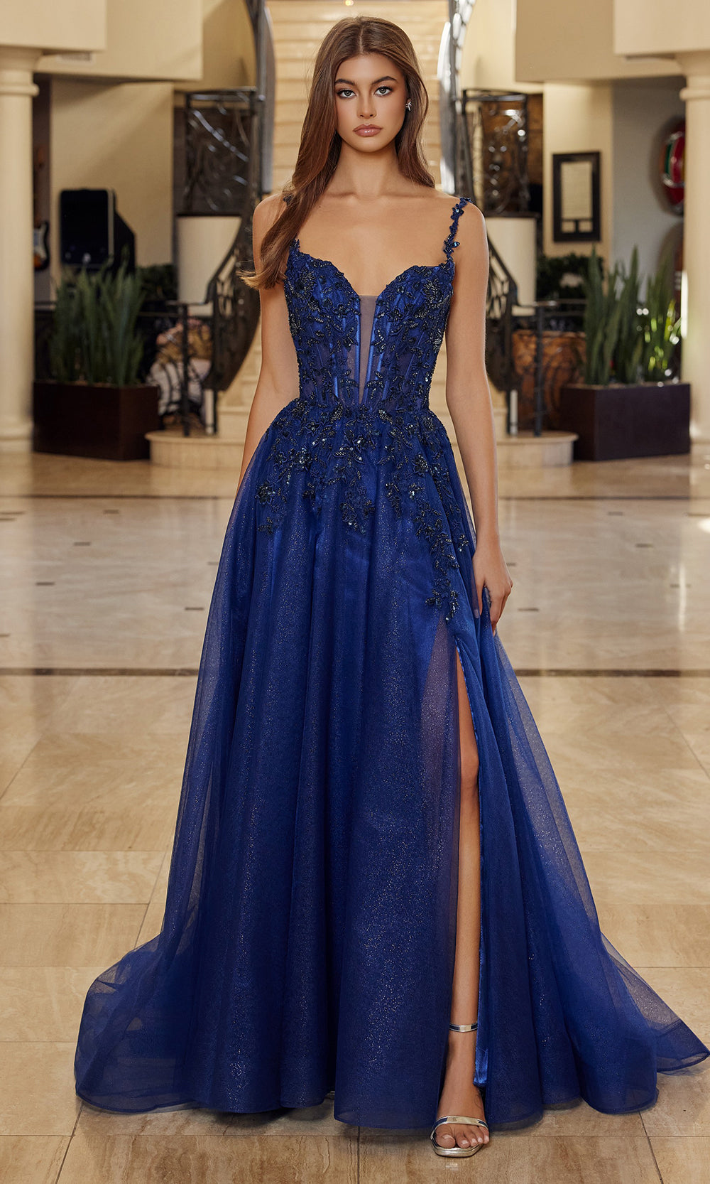 Nox Anabel R1824 - Deep V Neck Evening Gown with Slit Prom Dresses