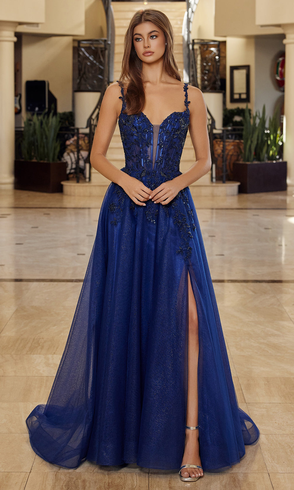 Nox Anabel R1824 - Deep V Neck Evening Gown with Slit Prom Dresses