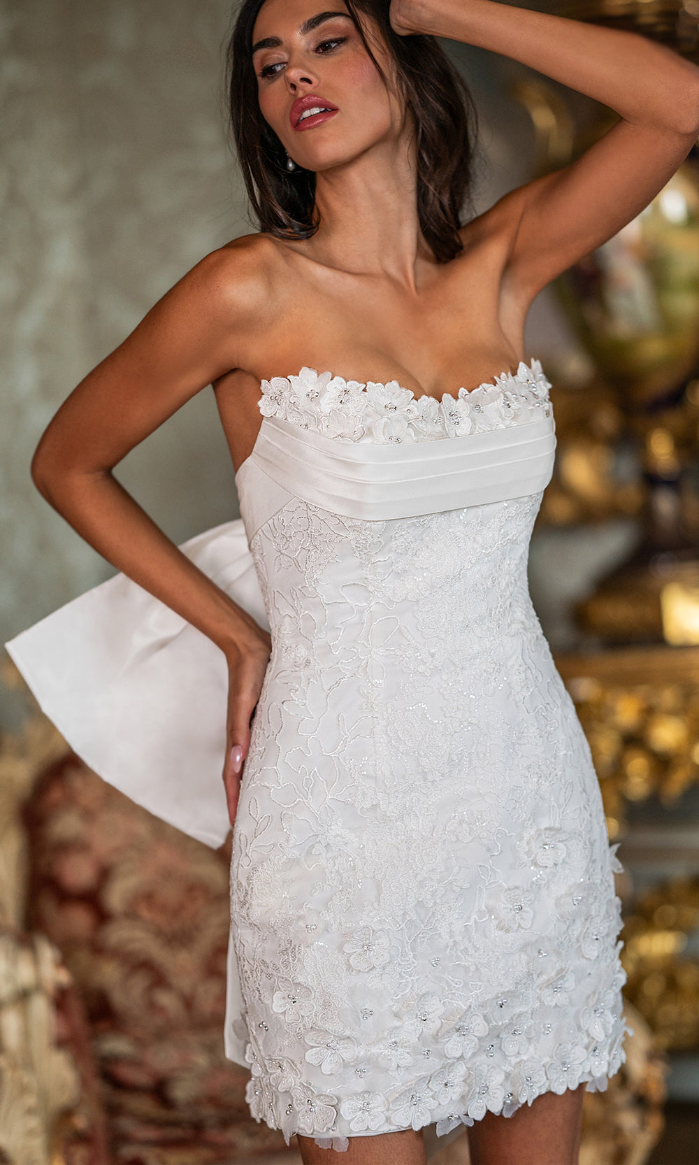 Rachel Allan RB1014 - Fitted Lace Mini Dress with Statement Bow Bridal Dresses in Ivory