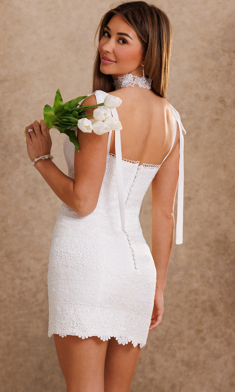 Rachel Allan Bridal RB1020 - Tie Strap Scalloped Hem Short Dress Bridal Dresses in White    