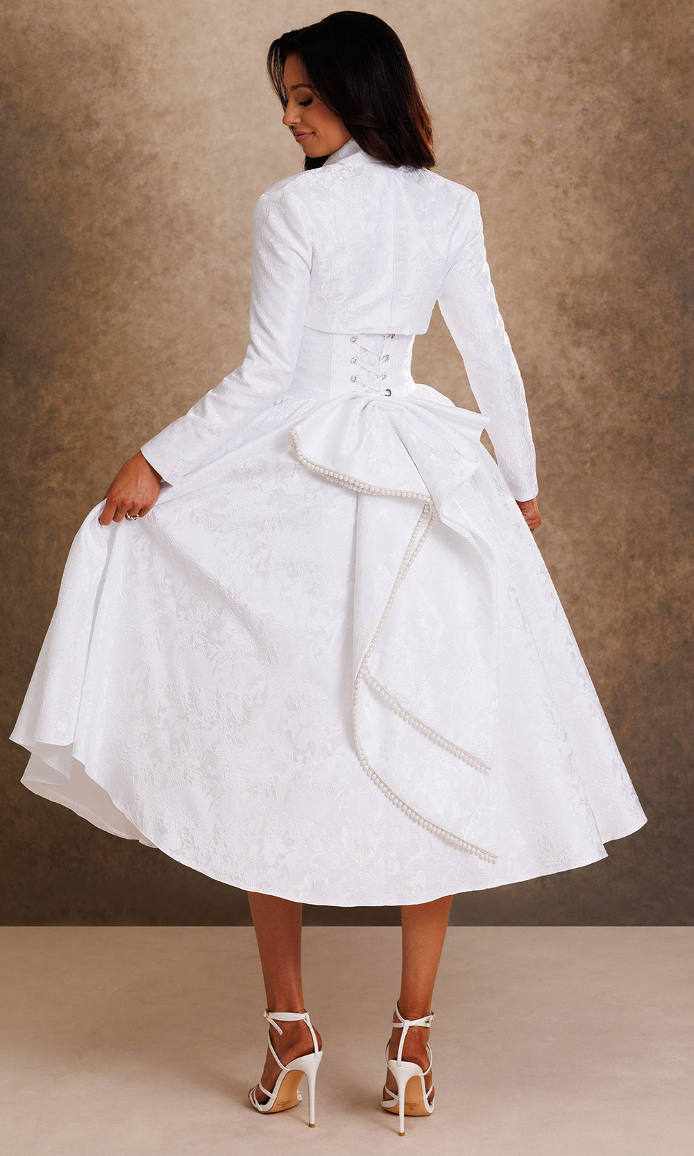 Rachel Allan Bridal RB1021 - Embellished Bow Back A-Line Midi Dress Bridal Dresses in White    