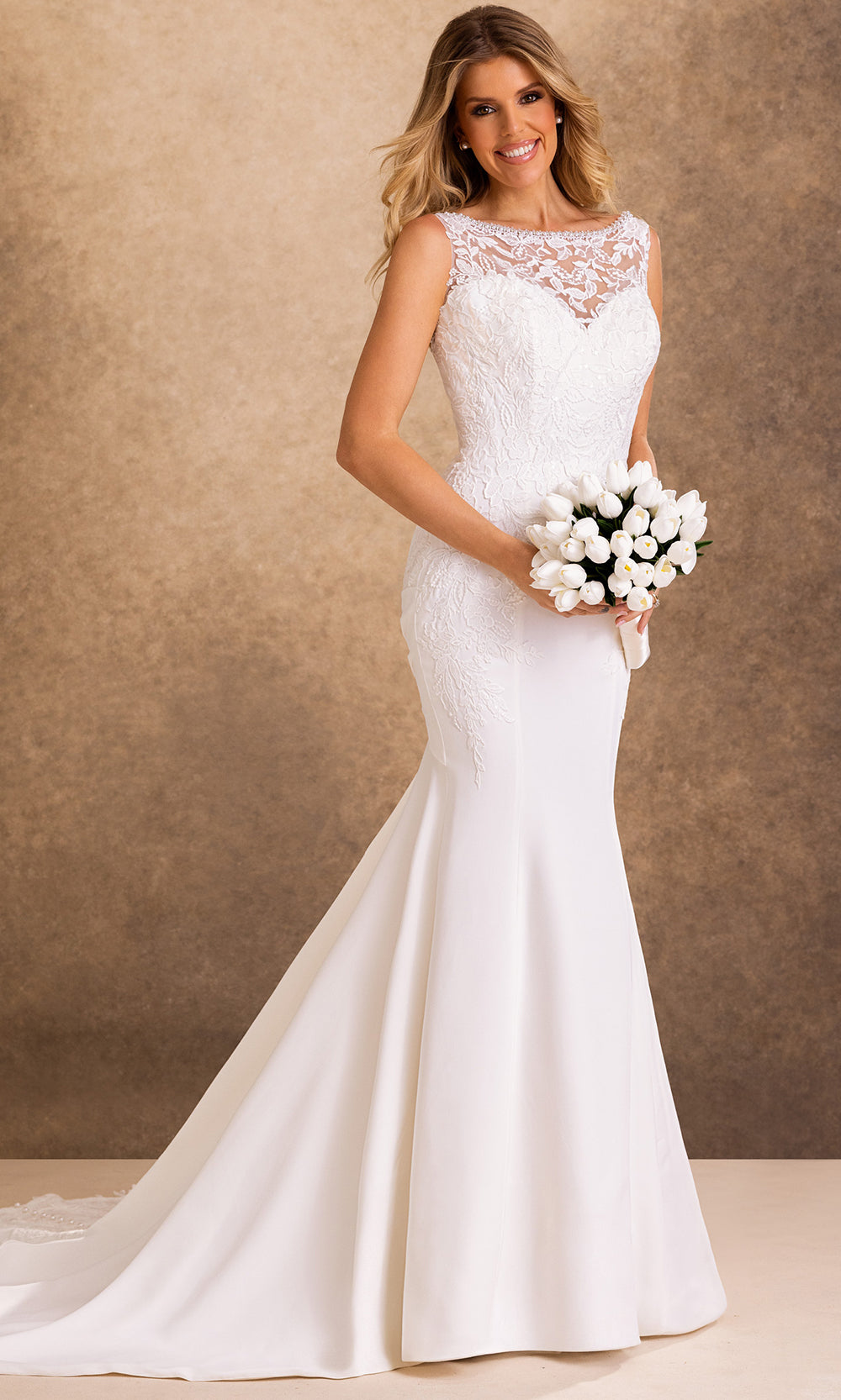 Rachel Allan Bridal RB2252 - Floral Applique Illusion Back Long Gown Bridal Dresses in White    