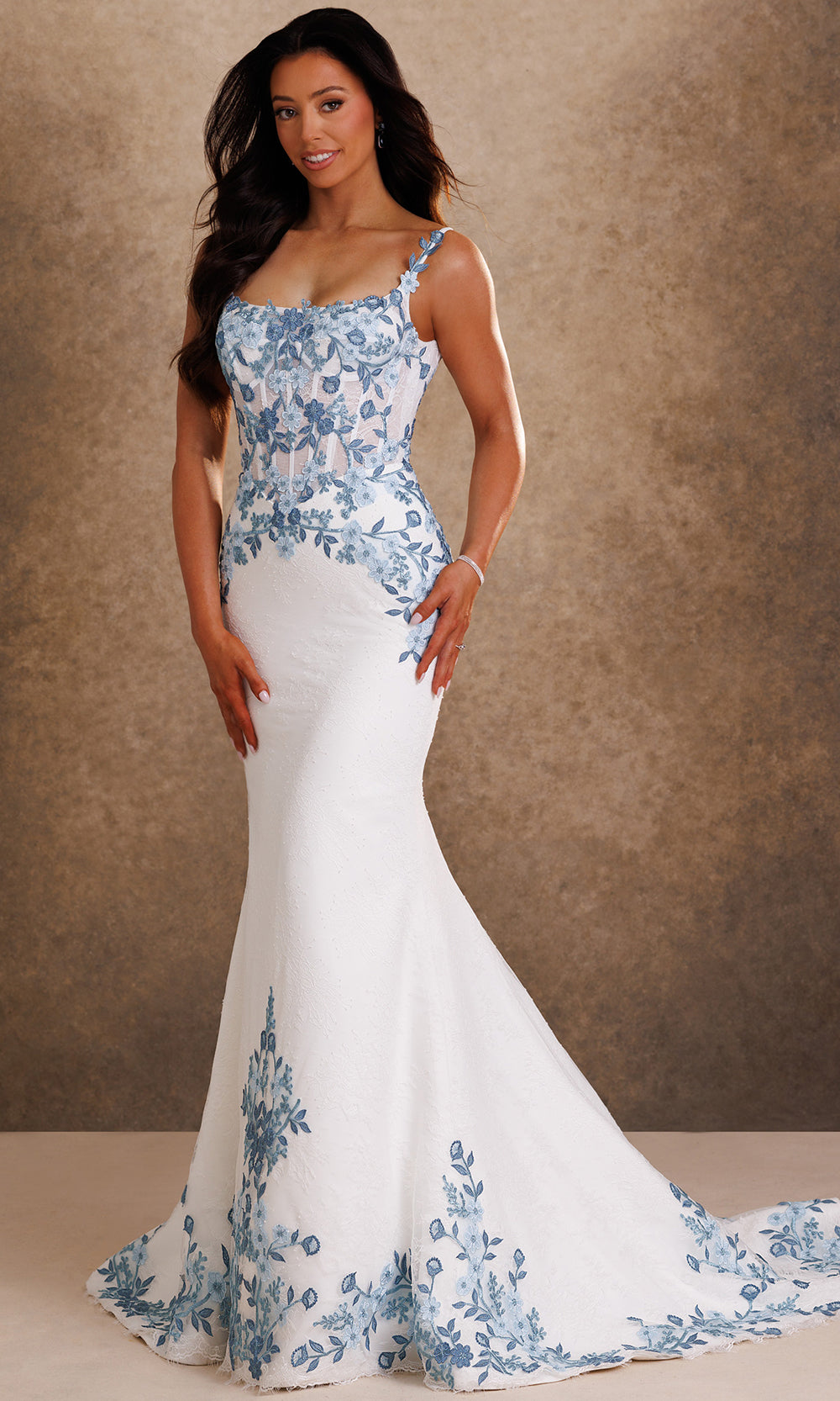 Rachel Allan Bridal RB2255 - Mermaid Button Back Floral Embroidered Gown Wedding Dresses in Ivory Blue   