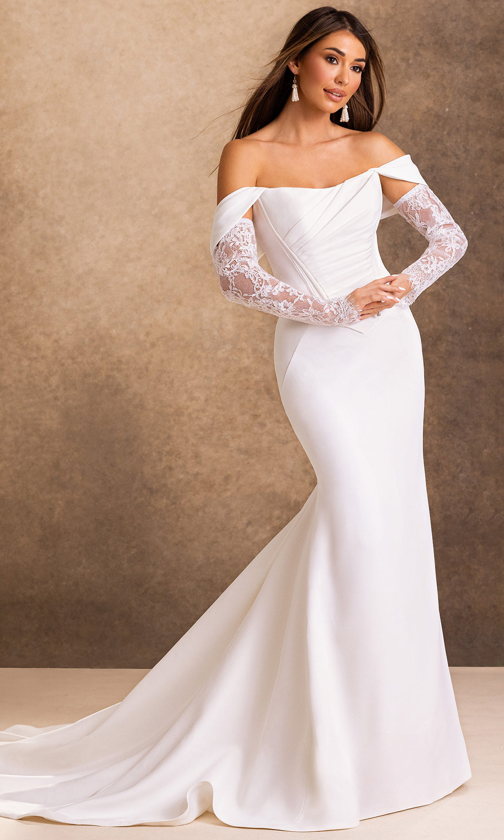 Rachel Allan Bridal RB2257 - Basque Waist Off Shoulder Crepe Gown Wedding Dresses in Lace Sleeves In Ivory 