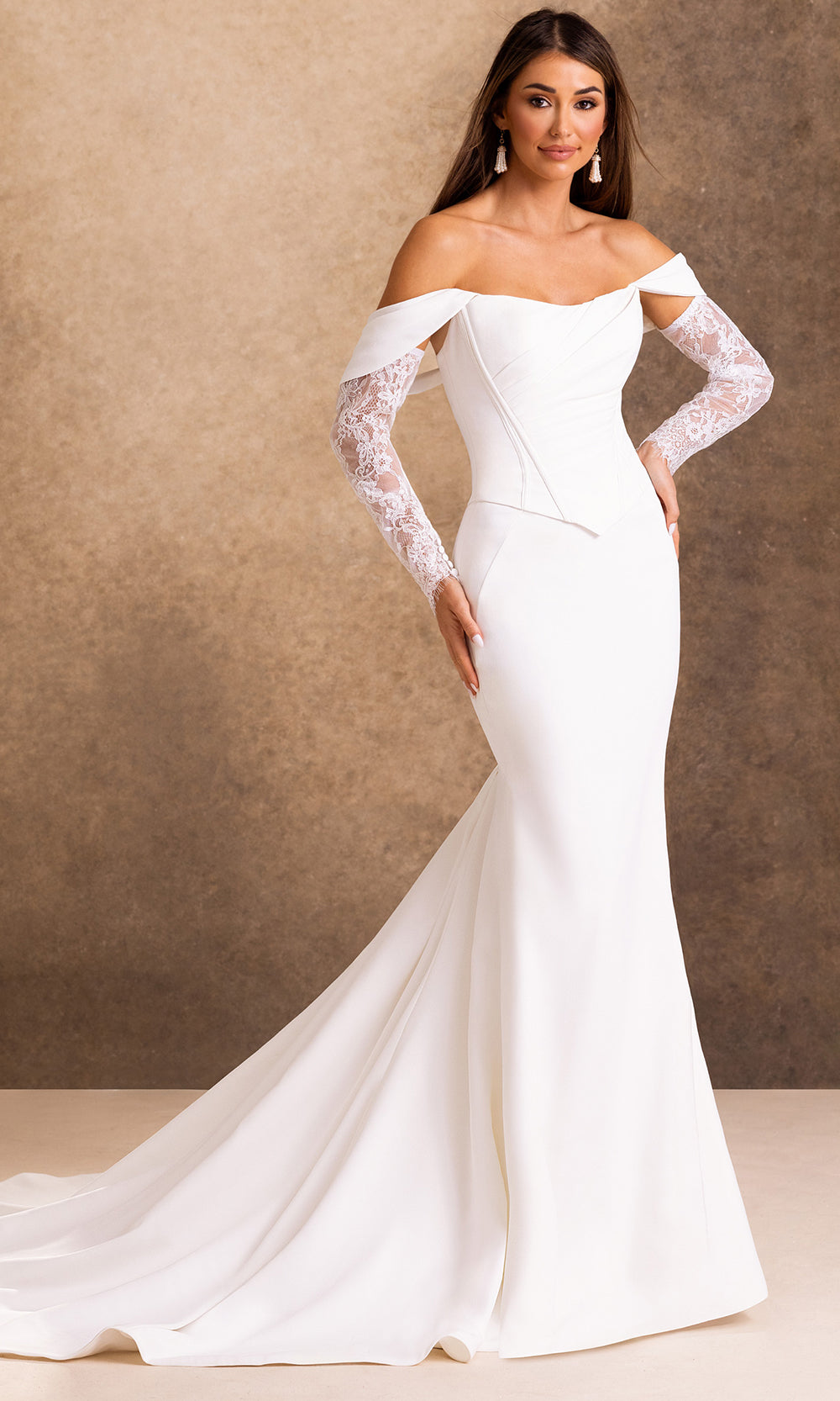 Rachel Allan Bridal RB2257 - Basque Waist Off Shoulder Crepe Gown Wedding Dresses in Lace Sleeves In Ivory 