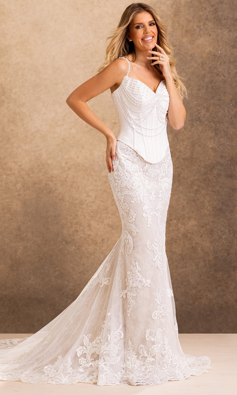 Rachel Allan Bridal RB4247 - Beaded Draped Bodice Lace Sleeveless Gown Bridal Dresses in Ivory    