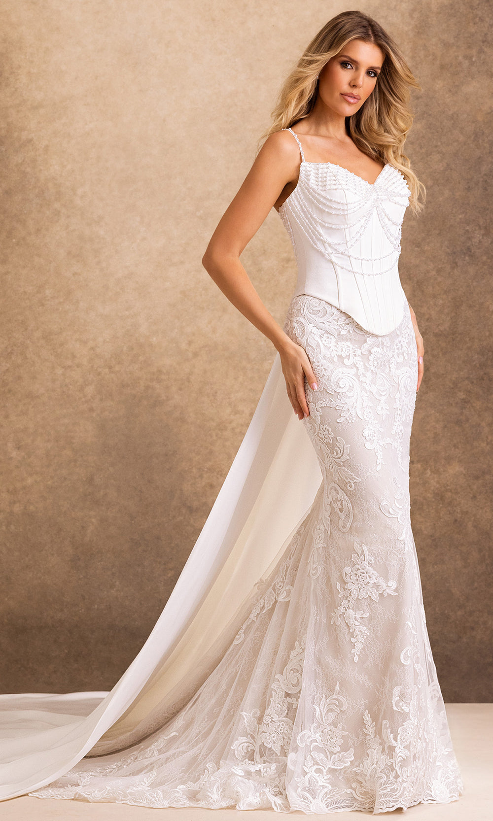 Rachel Allan Bridal RB4247 - Beaded Draped Bodice Lace Sleeveless Gown Bridal Dresses in Ivory    