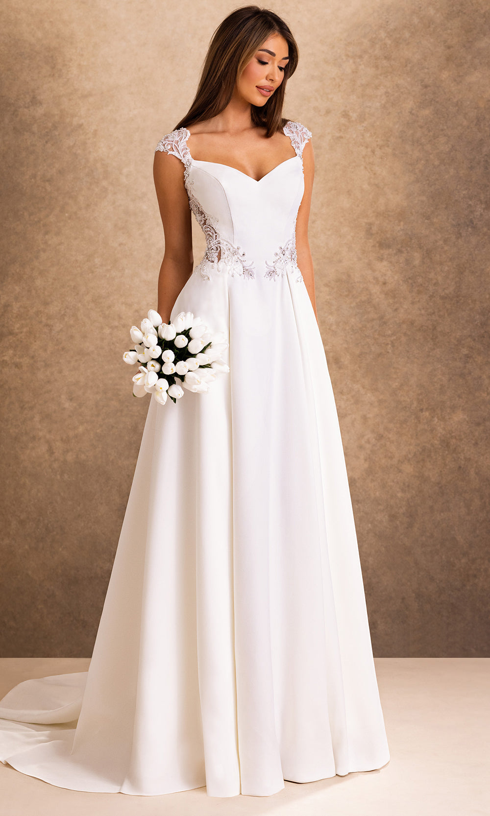 Rachel Allan Bridal RB4250 - Illusion Back Beaded Applique Crepe Gown Bridal Dresses in Ivory    