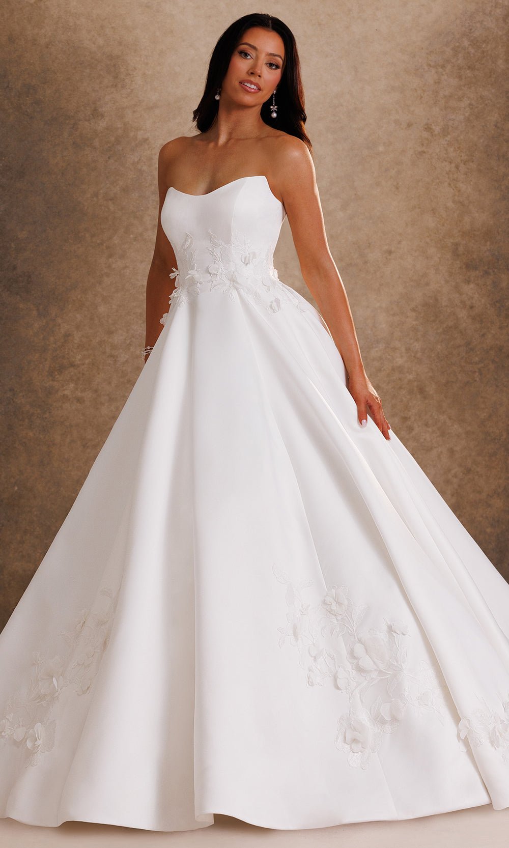 Rachel Allan Bridal RB4254 - Floral Applique Strapless Pleated Long Gown Bridal Dresses in White    