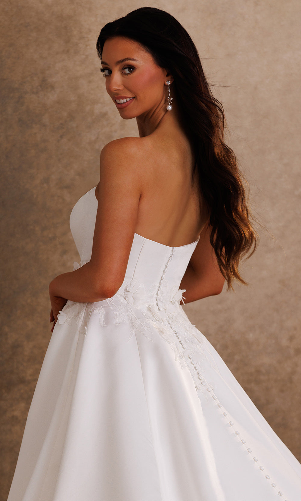 Rachel Allan Bridal RB4254 - Floral Applique Strapless Pleated Long Gown Bridal Dresses in White    