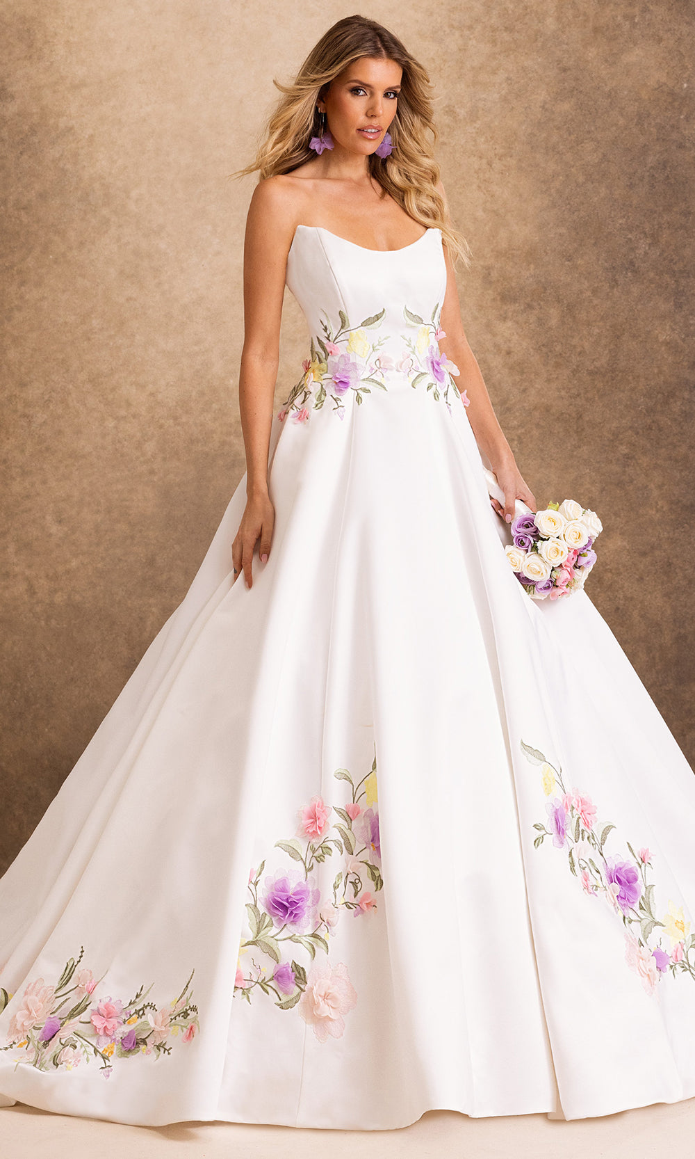 Rachel Allan Bridal RB4254 - Floral Applique Strapless Pleated Long Gown Bridal Dresses in White Multi   