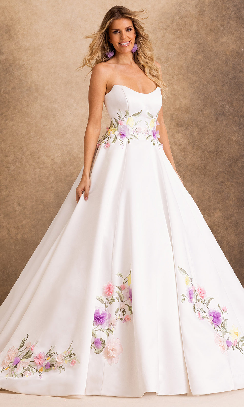 Rachel Allan Bridal RB4254 - Floral Applique Strapless Pleated Long Gown Bridal Dresses in White Multi   