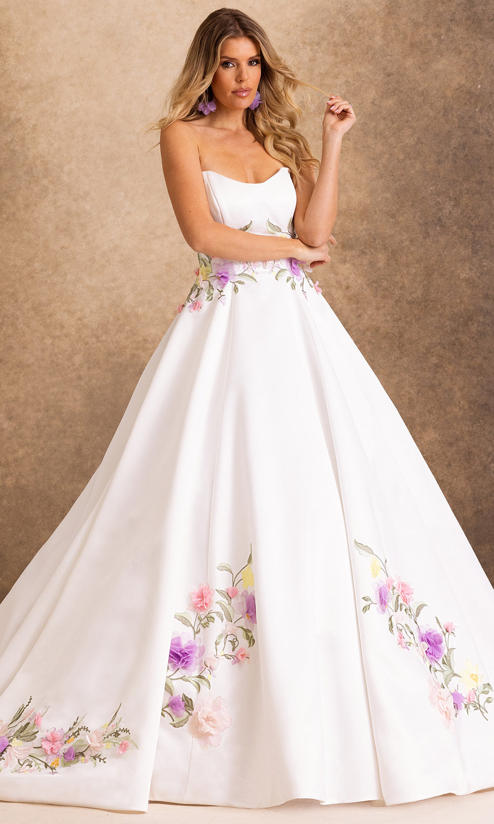 Rachel Allan Bridal RB4254 - Floral Applique Strapless Pleated Long Gown Bridal Dresses in White Multi   