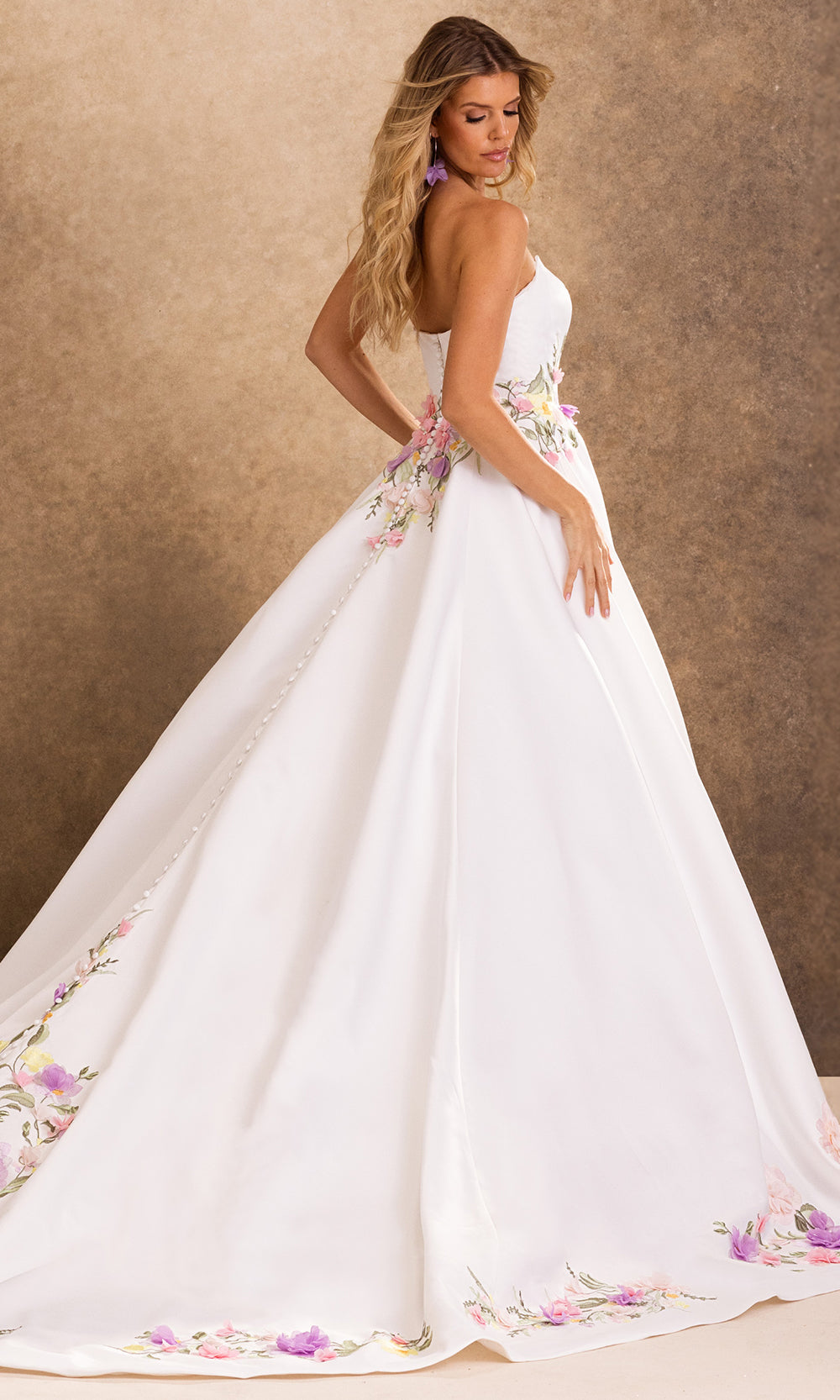 Rachel Allan Bridal RB4254 - Floral Applique Strapless Pleated Long Gown Bridal Dresses in White Multi   