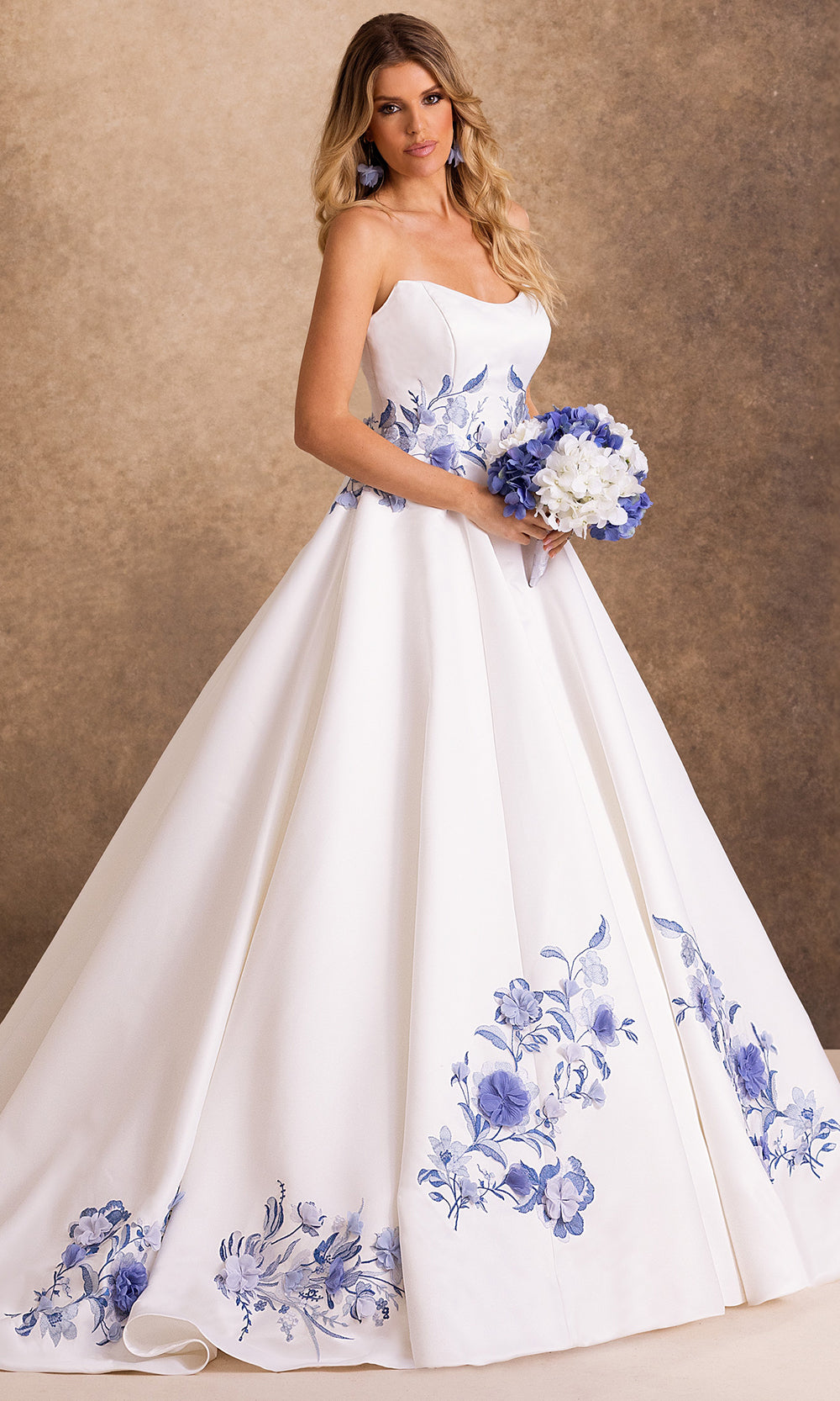 Rachel Allan Bridal RB4254 - Floral Applique Strapless Pleated Long Gown Bridal Dresses in White Blue   