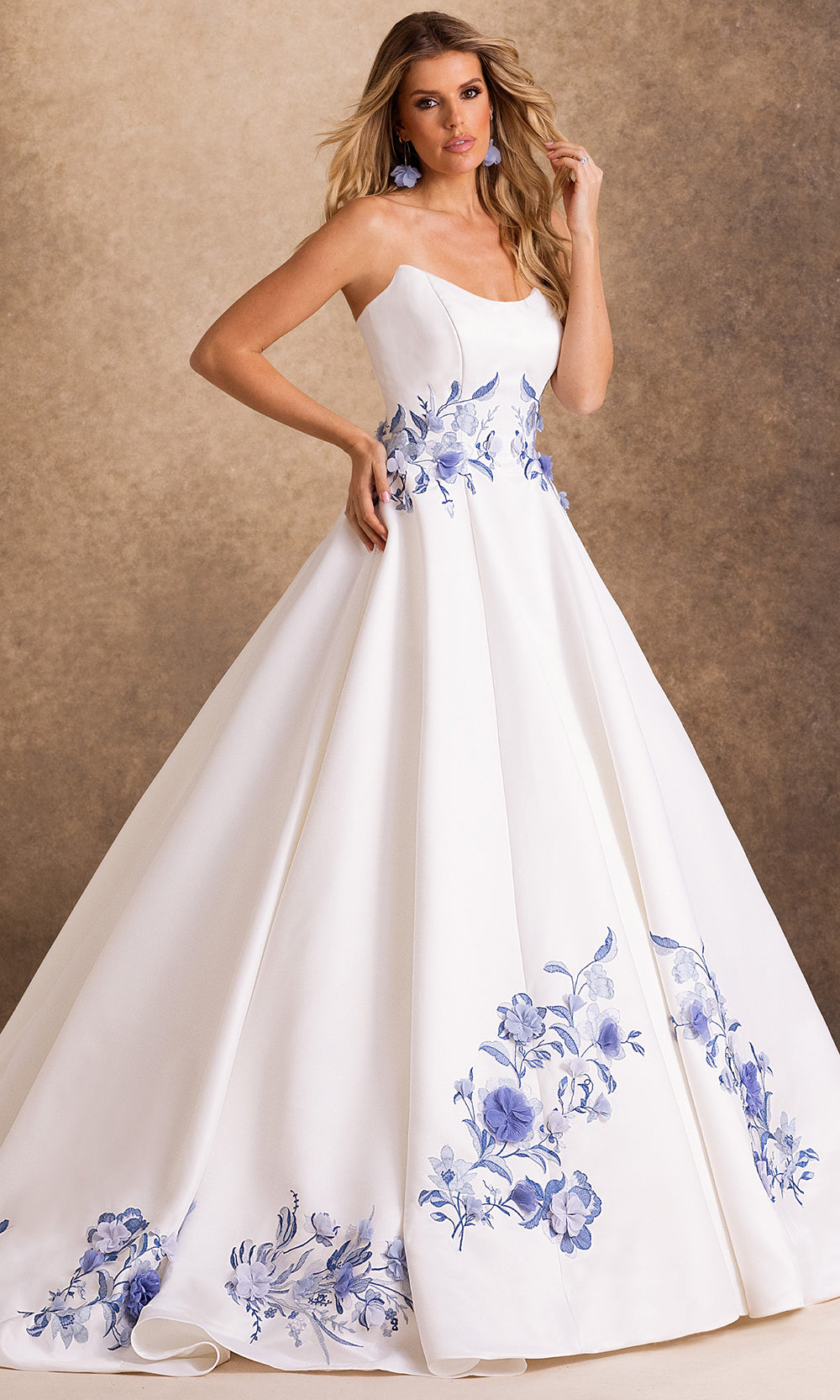 Rachel Allan Bridal RB4254 - Floral Applique Strapless Pleated Long Gown Bridal Dresses in White Blue   