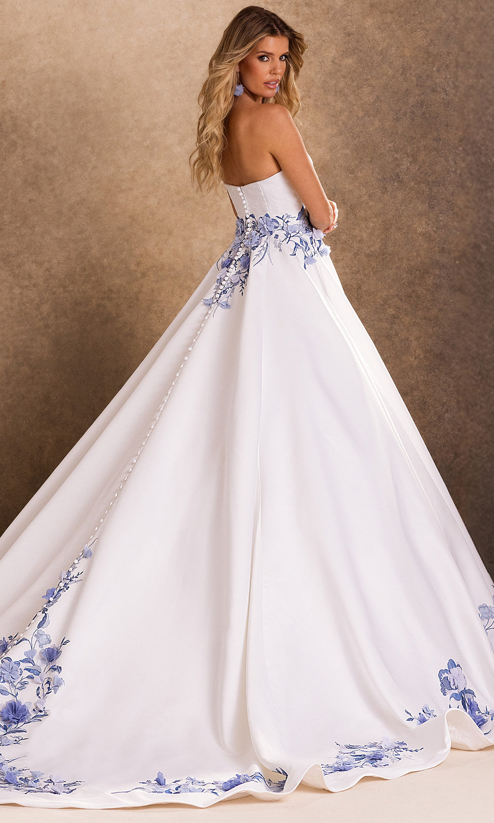 Rachel Allan Bridal RB4254 - Floral Applique Strapless Pleated Long Gown Bridal Dresses in White Blue   