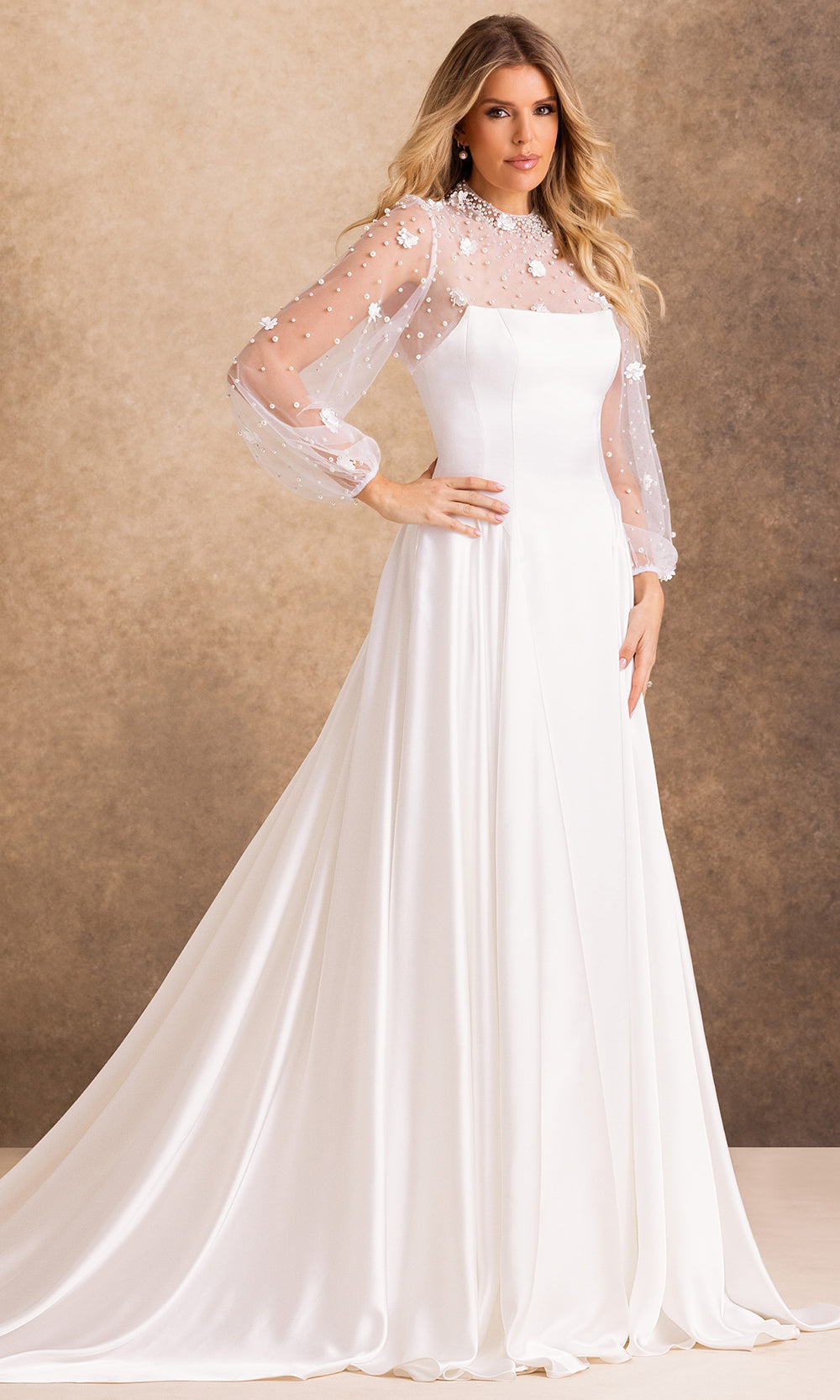 Rachel Allan Bridal RB4256 - Embellished Illusion Sleeve Buttoned Back Gown Wedding Dresses in Ivory    