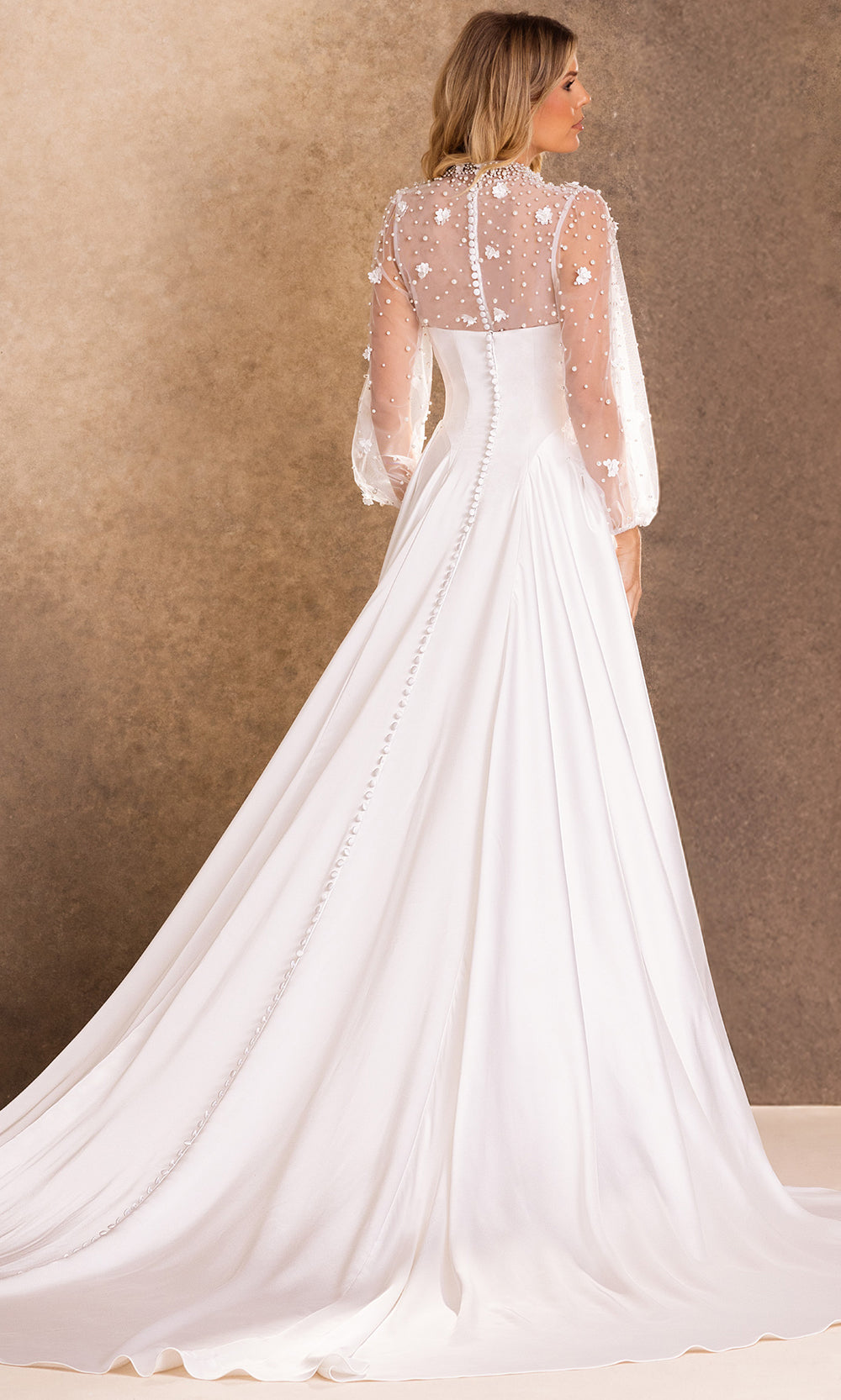 Rachel Allan Bridal RB4256 - Embellished Illusion Sleeve Buttoned Back Gown Wedding Dresses in Ivory    