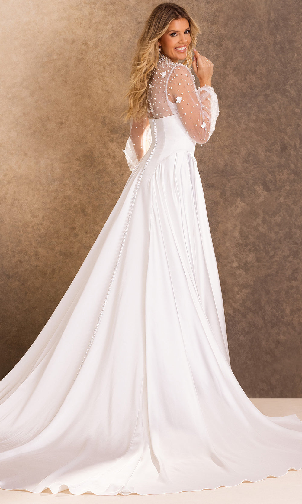 Rachel Allan Bridal RB4256 - Embellished Illusion Sleeve Buttoned Back Gown Wedding Dresses in Ivory    