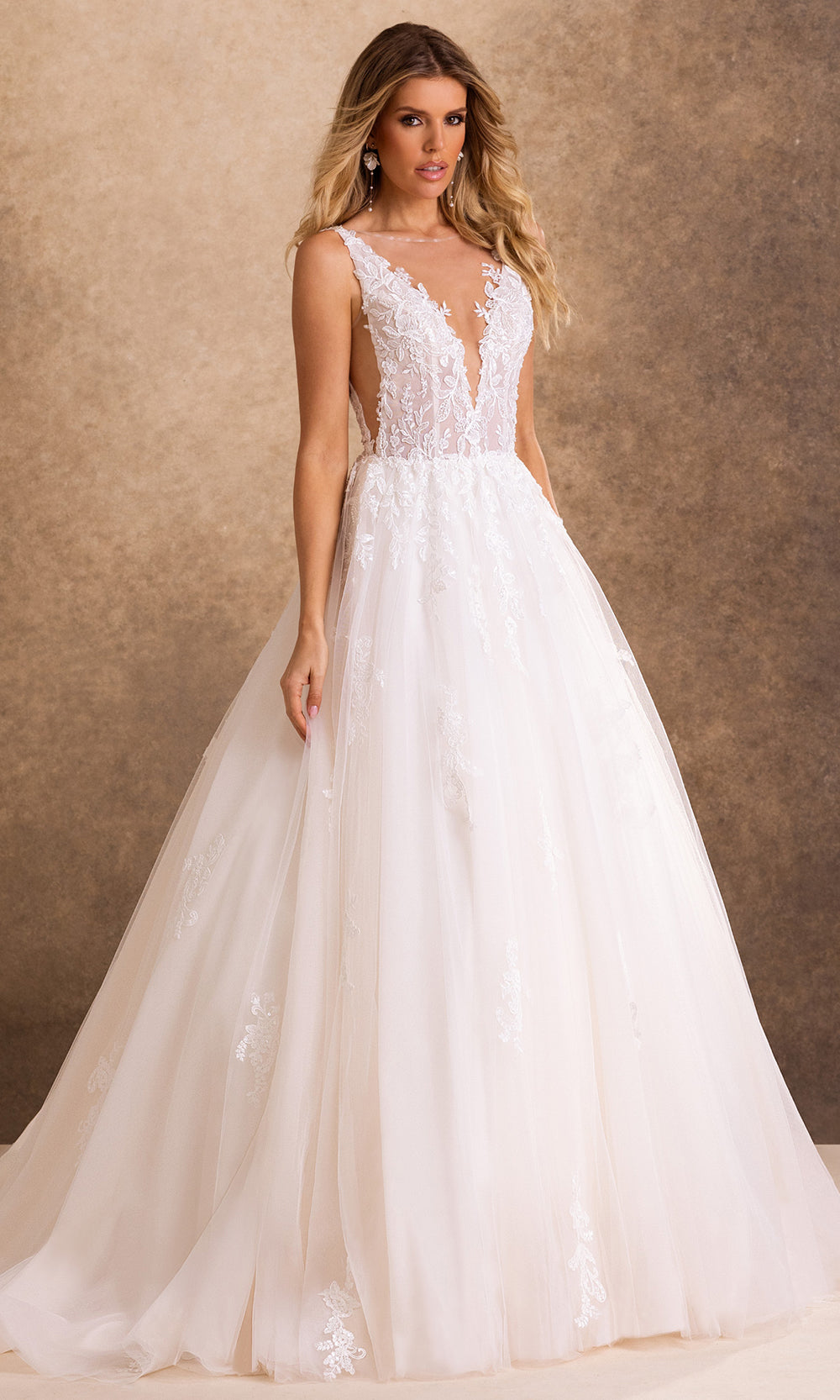 Rachel Allan Bridal RB4257 - V-Back Embroidered Applique Tulle Gown Bridal Dresses in White    