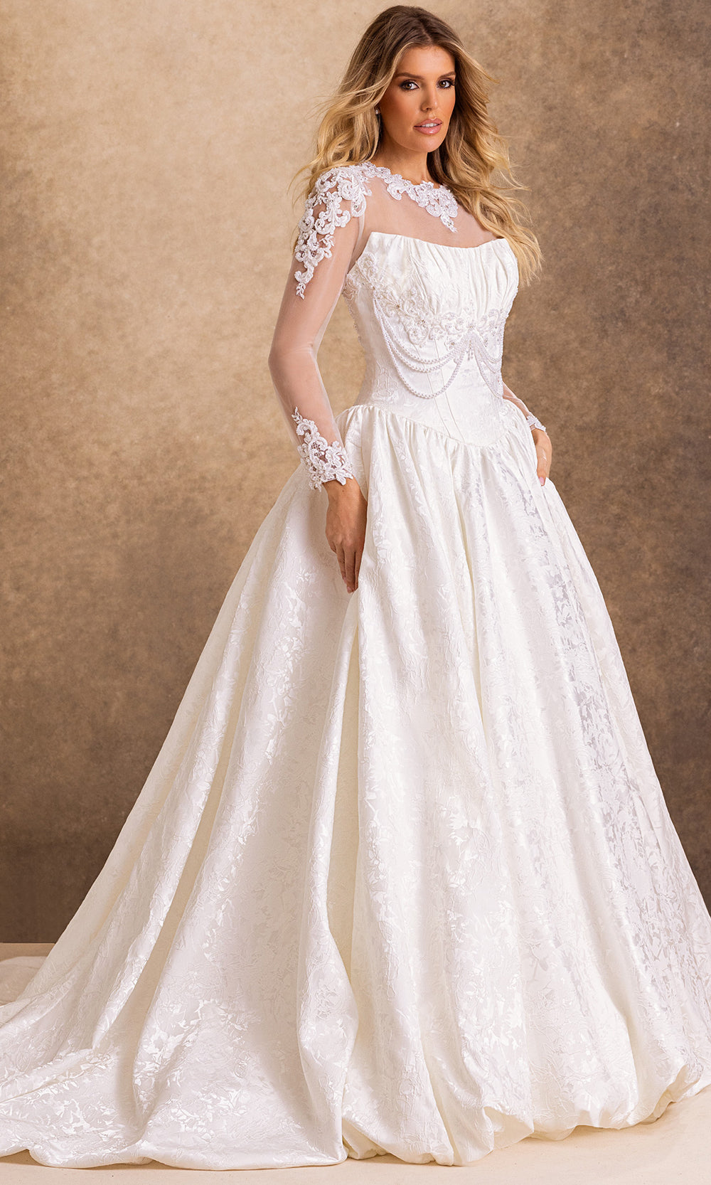 Rachel Allan Bridal RB4260 - Detachable Lace Jacket Brocade Ballgown Bridal Dresses in White    