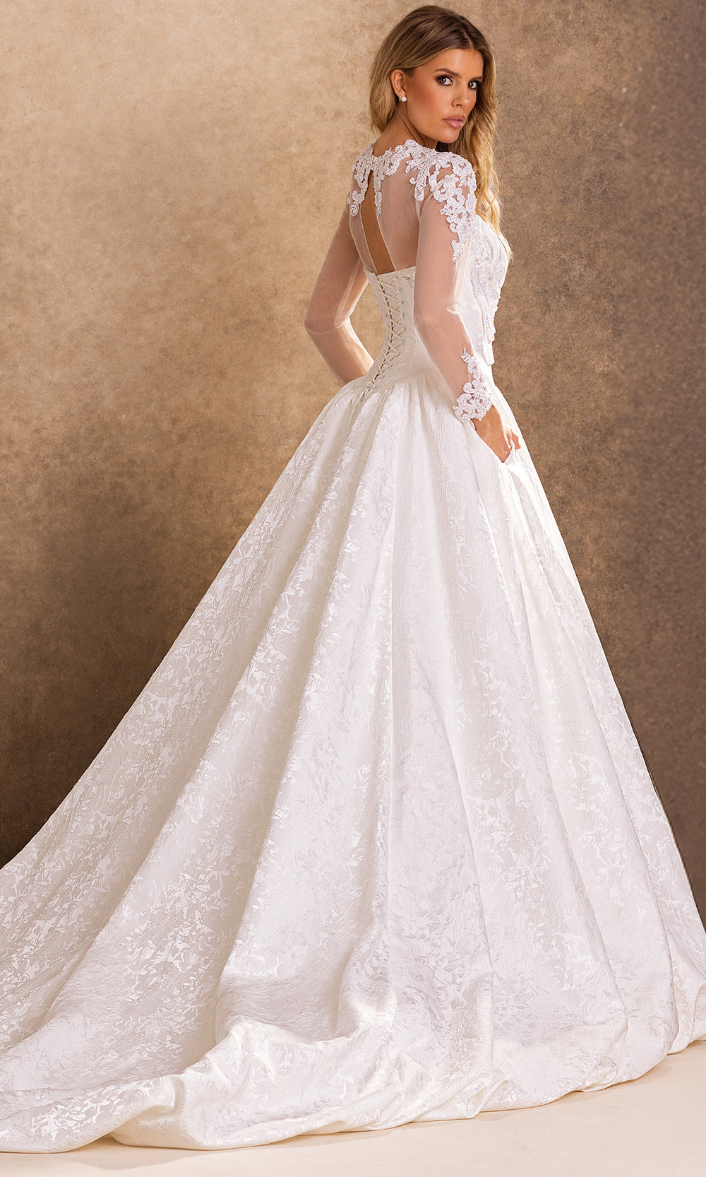 Rachel Allan Bridal RB4260 - Detachable Lace Jacket Brocade Ballgown Bridal Dresses in White    
